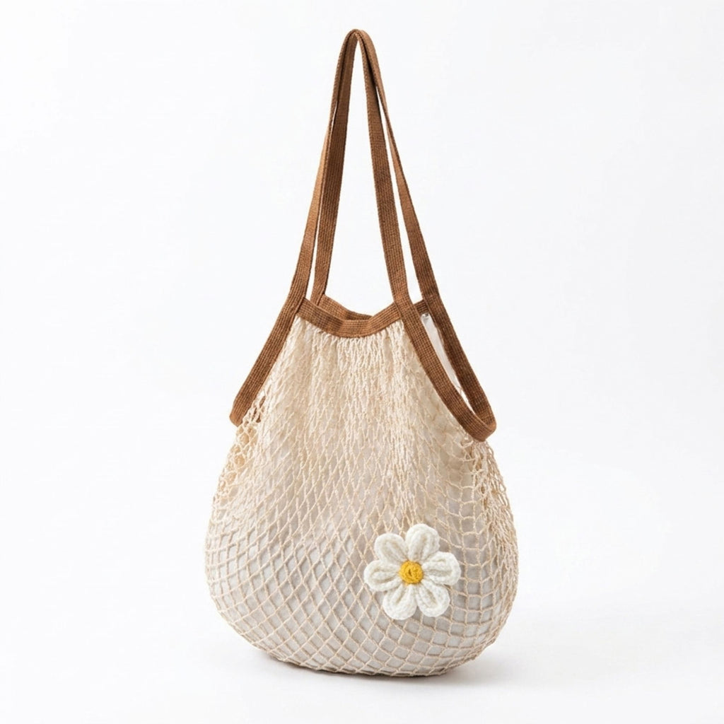 Crochet Style Net Tote Bag with Daisy Accent and Shoulder Straps