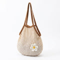 Crochet Style Net Tote Bag with Daisy Accent and Shoulder Straps