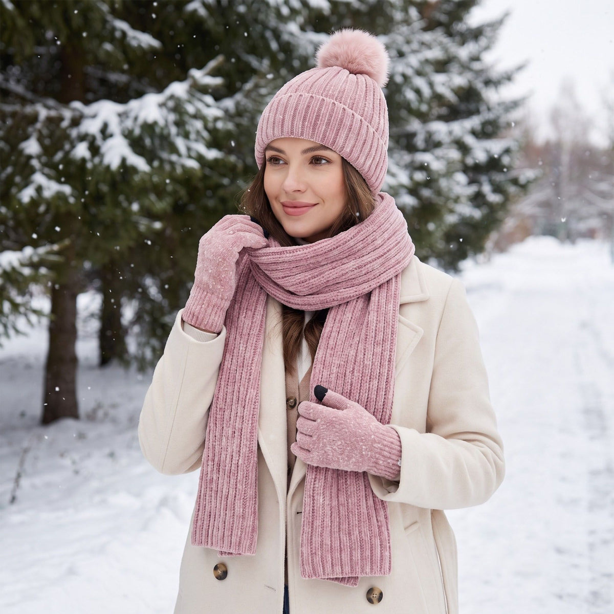 3 Piece Pom Beanie Scarf and Touchscreen Gloves Winter Set