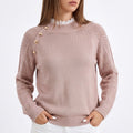 Pointelle Sleeve Mock Neck Sweater with Shoulder Buttons
