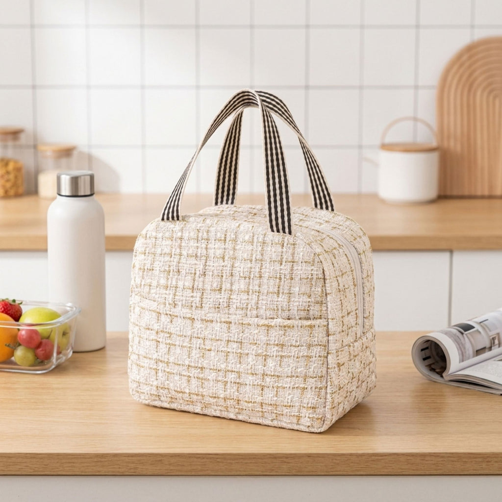 Reusable Lunch Bag Large Capacity Zipper Tote with Striped Handles