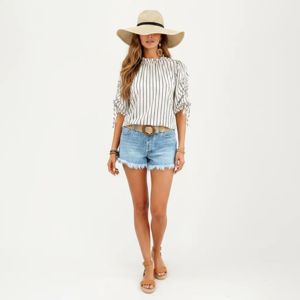 Anna-Kaci Women's Striped Short Sleeve Blouse with Ruffle Trim High Neck and Ruched Tie Sleeves