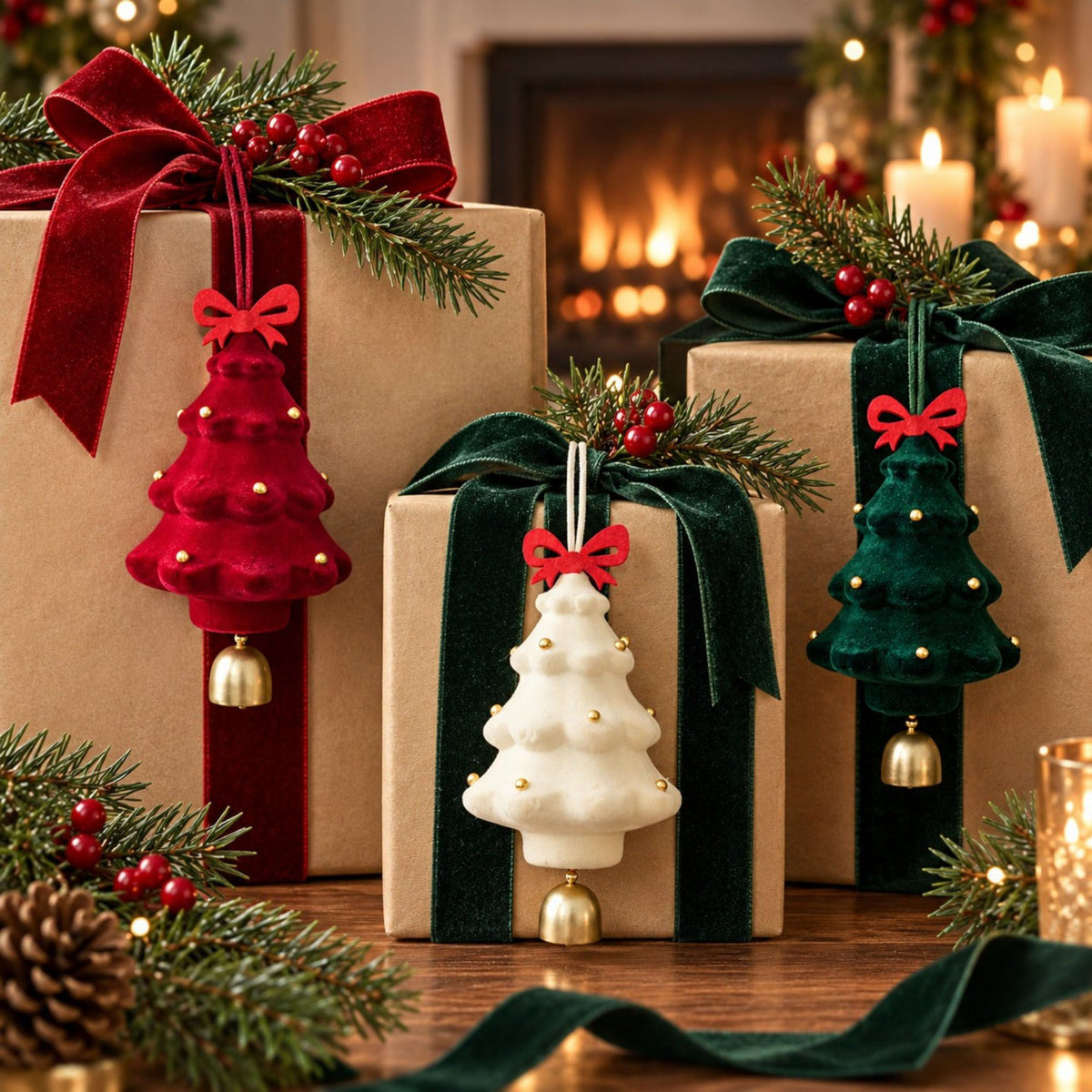 3 Pack Christmas Tree Ornaments with Bow and Bell Hanging Holiday Decorations