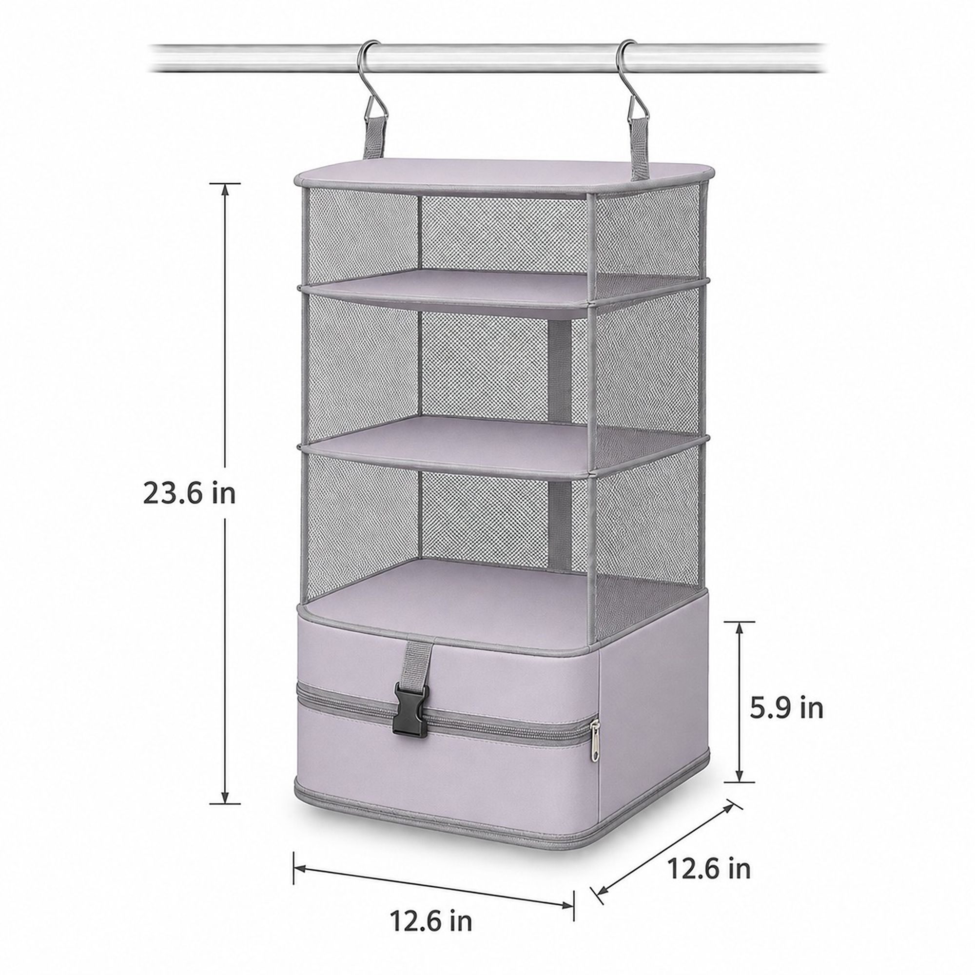 3 Shelf Hanging Closet Organizer with Zipper Storage Compartment and Hooks