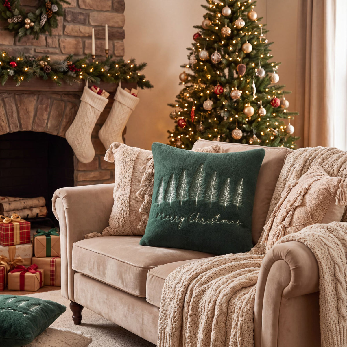 Christmas Tree Embroidered Plush Throw Pillow Cover Merry Christmas Decor