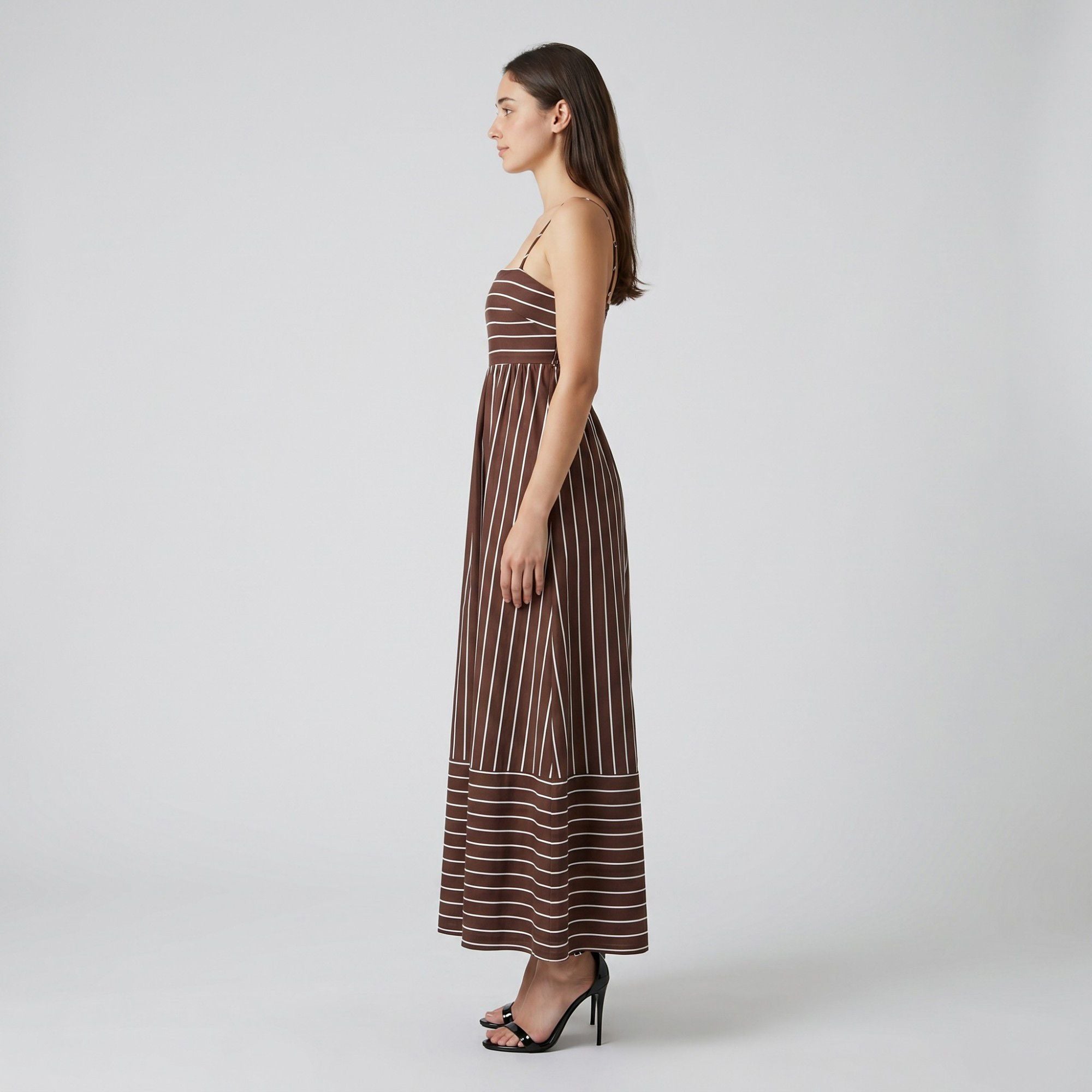 Striped Square Neck Sleeveless Maxi Dress with Fitted Bodice Adjustable Straps and Flowy Tiered A-Line Skirt