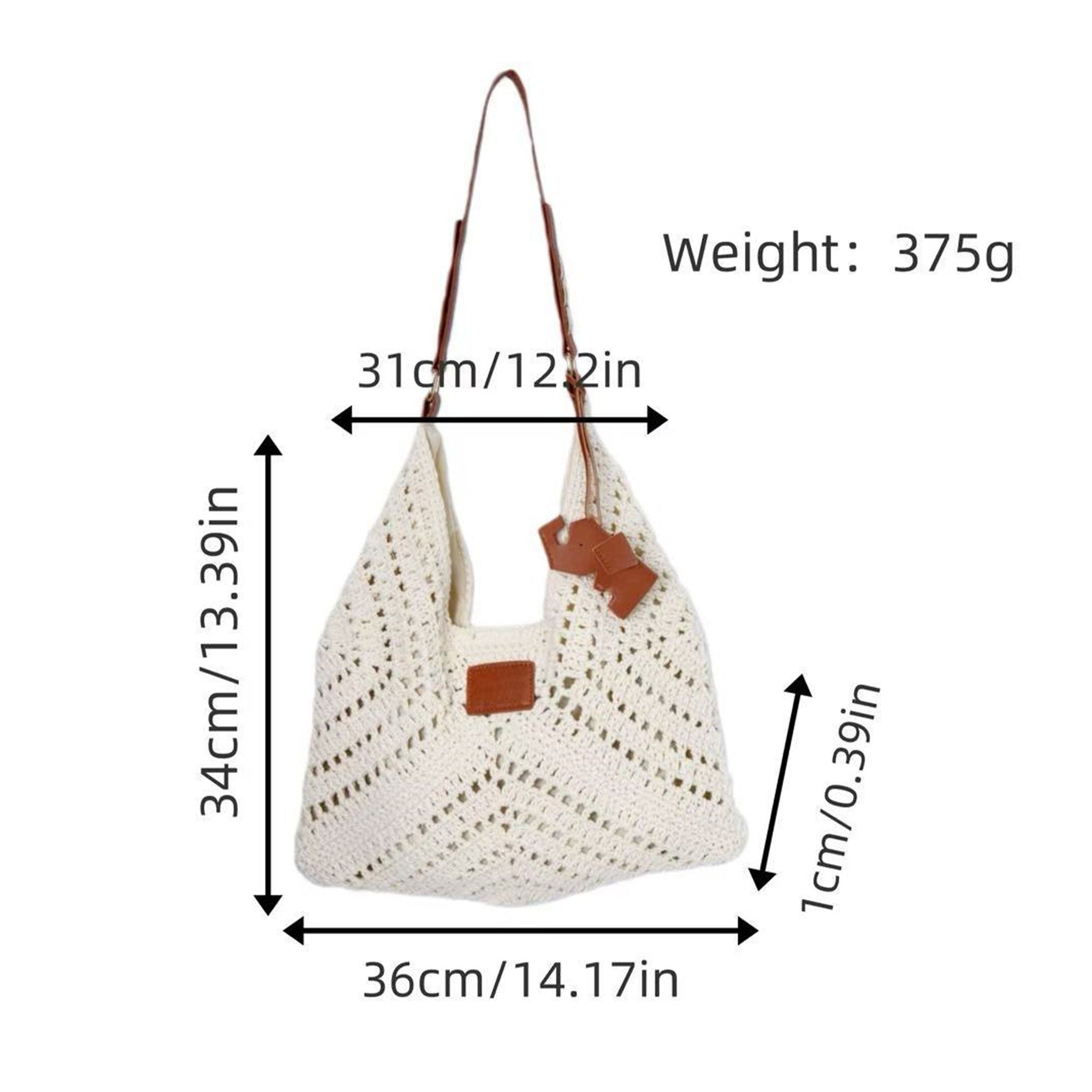Woven Crochet Shoulder Bag with Leather Strap Slouchy Hobo Handbag Lightweight Knit Tote