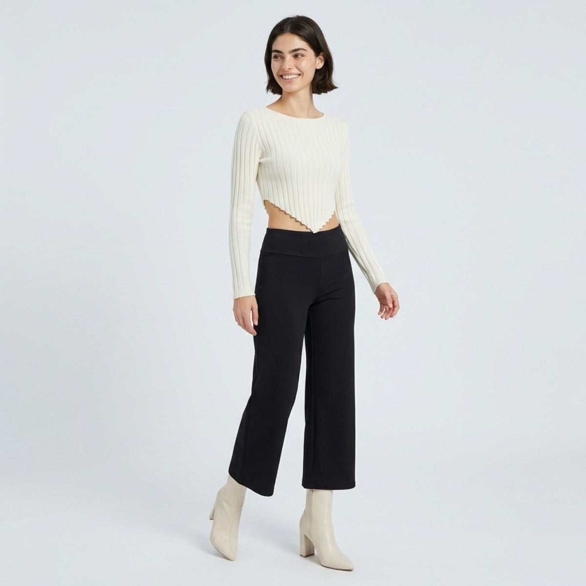 Foldover Waistband Cropped Wide-Leg Trousers