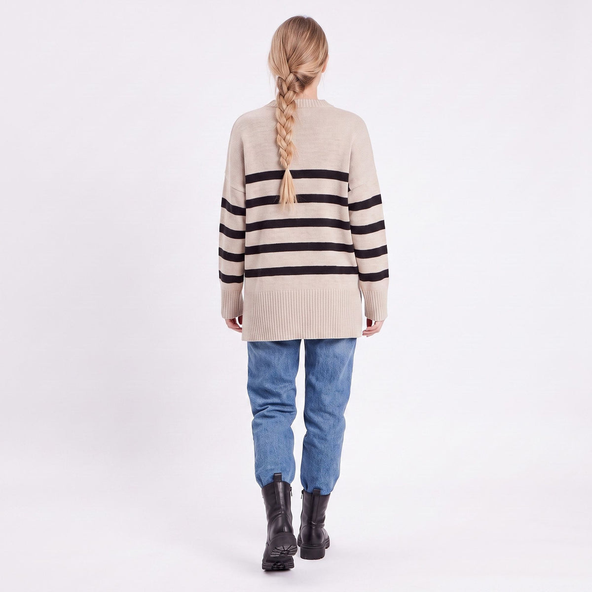Oversized Striped Crewneck Side Slit Tunic Sweater