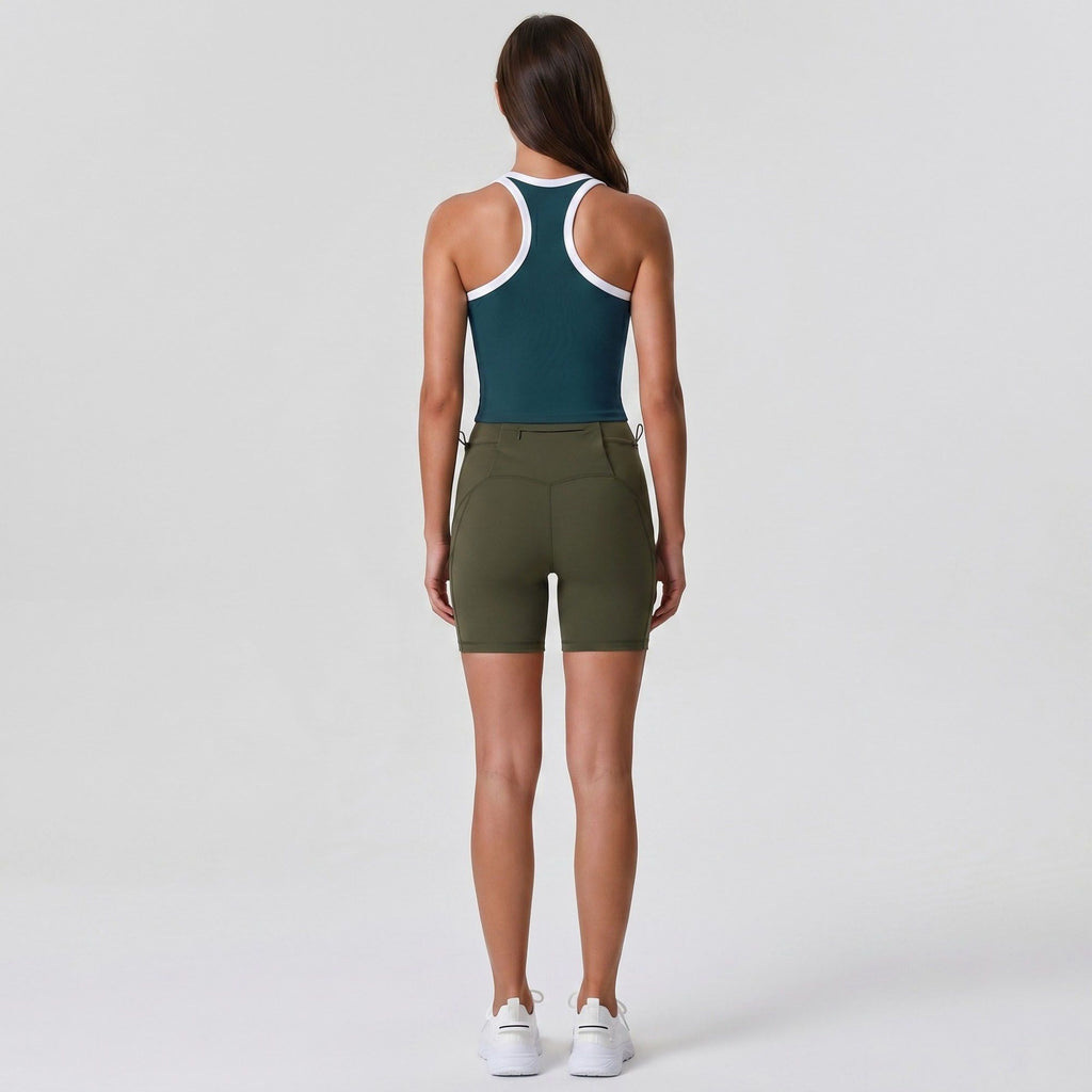 Padded Ribbed High Neck Sports Bra Tank Top Contrast Trim Workout Yoga Crop Top