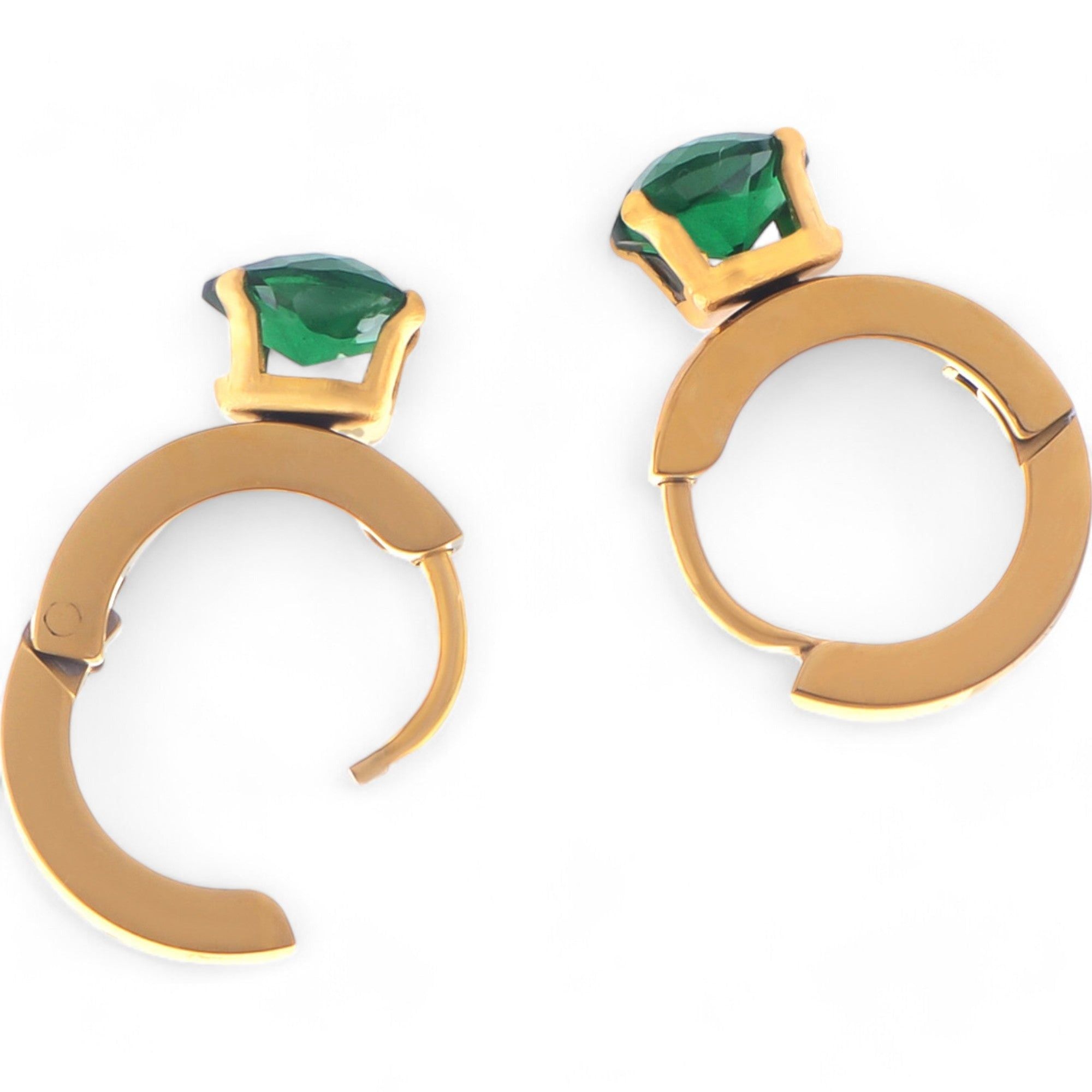 Women's Gold Hoop Fashion Earrings with Emerald Green Heart Shaped Crystal Stud
