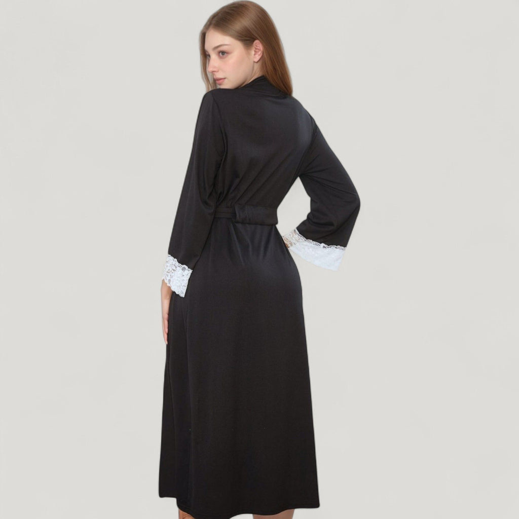 Anna-Kaci Lounge Women's Long Wrap Robe with Waist Tie and Contrast Lace Trim Sleeves
