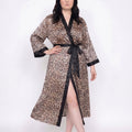 Plus Size Leopard Print Satin-Like Wrap Robe with Long Kimono Sleeves Contrast Trim and Self Tie Waist
