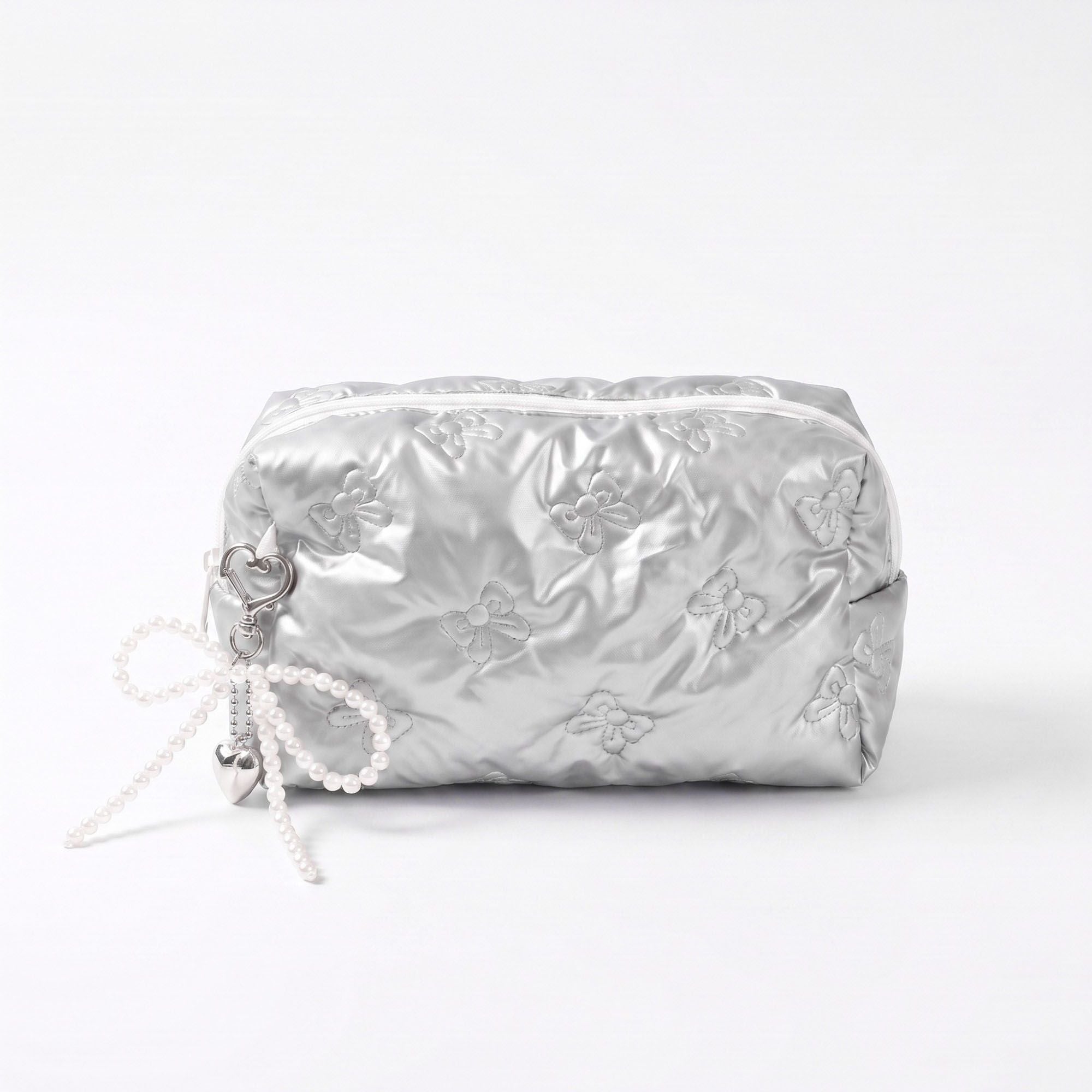 Bolsa de Maquillaje Acolchada con Lazo y Charm de Perla para Mujer