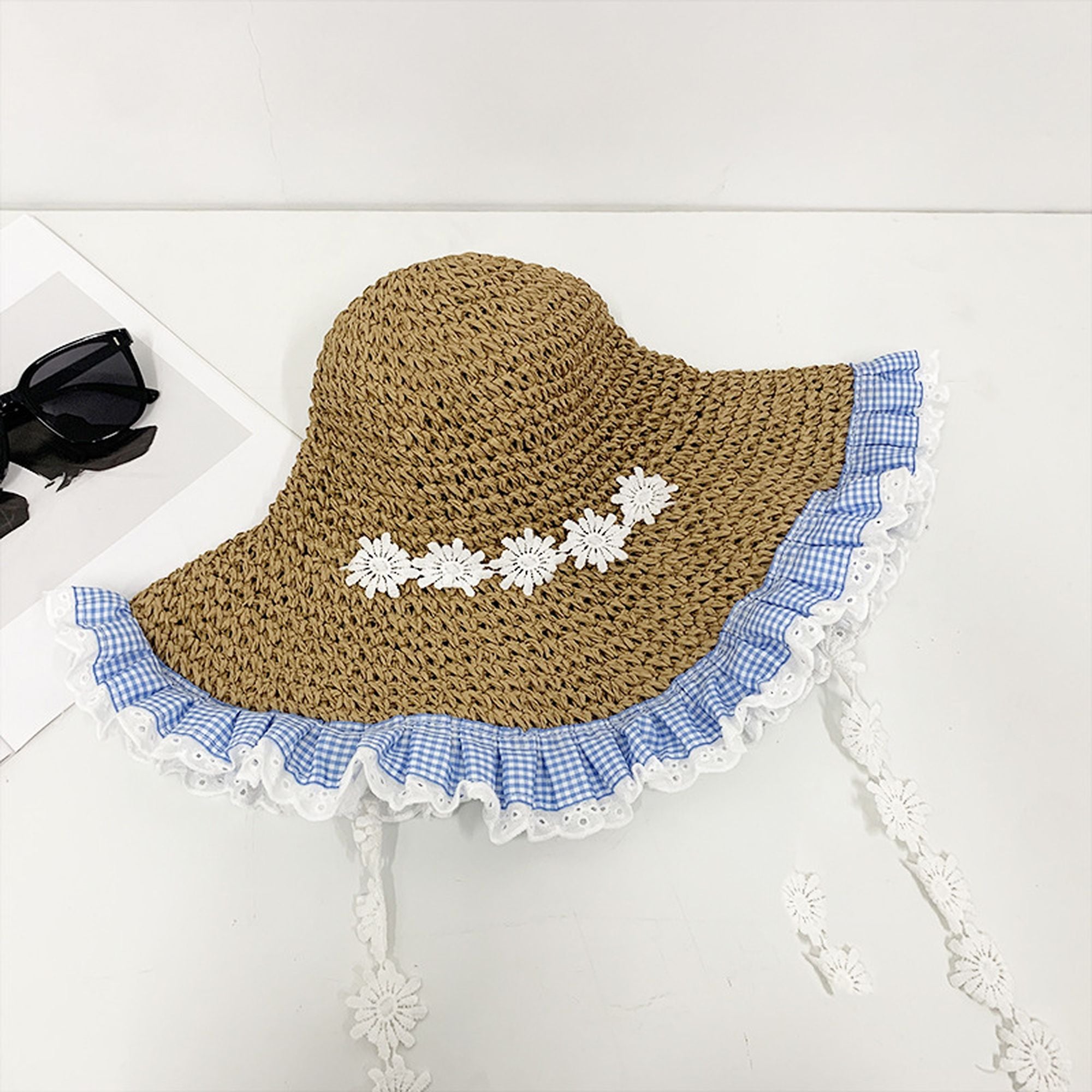 Anna-Kaci Women's Straw Sun Hat with Gingham & Lace Trim