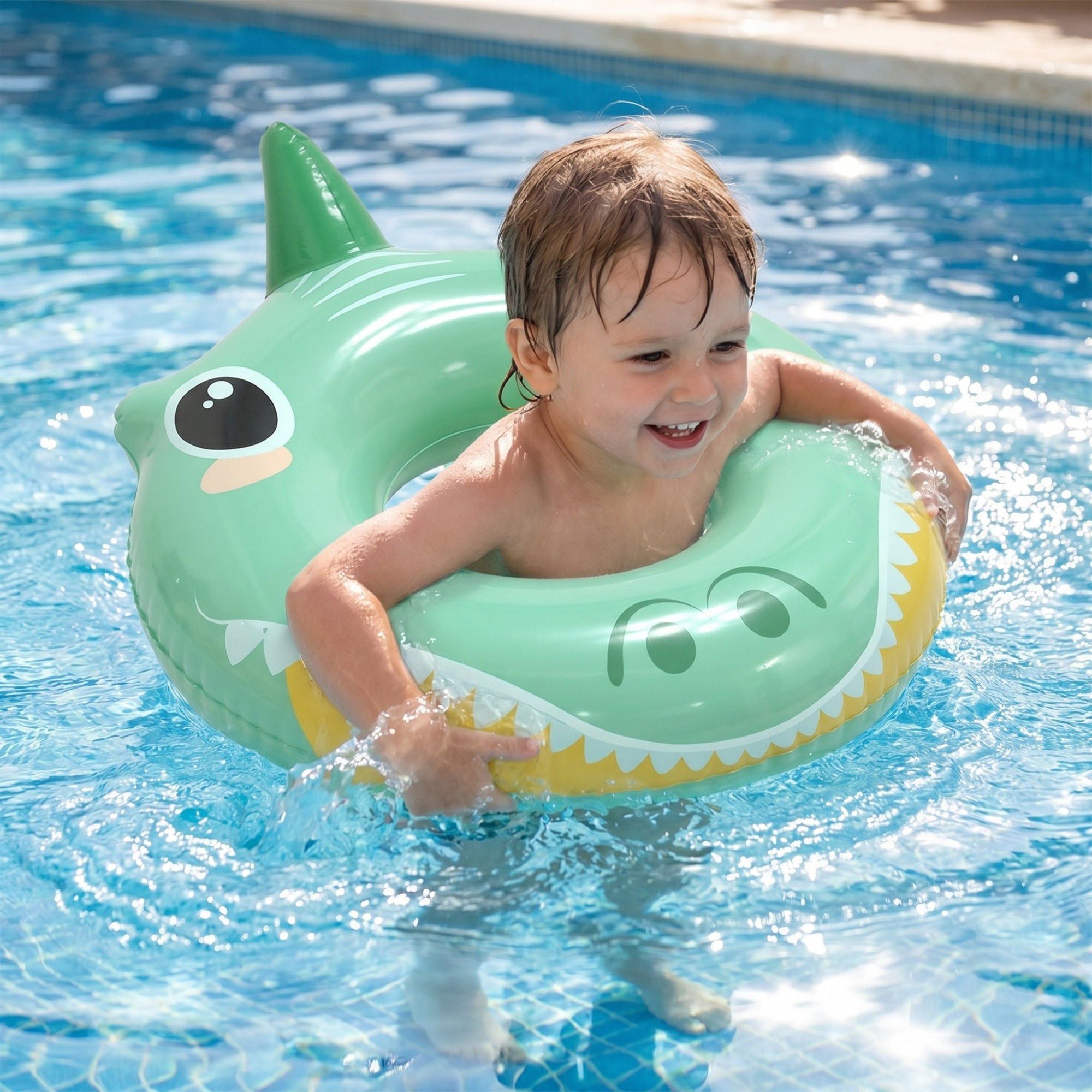 Kids Inflatable Shark Pool Ring with Fin and Cartoon Face
