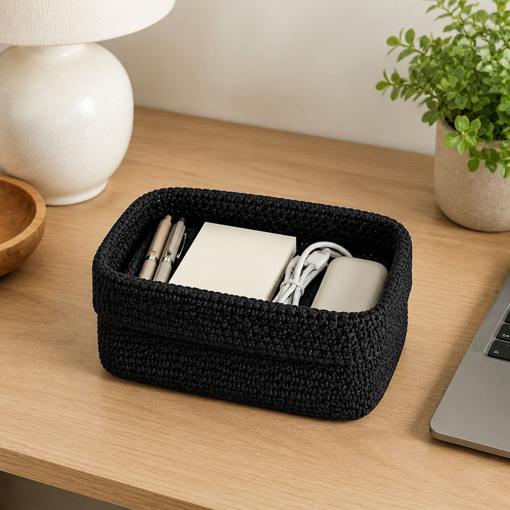 Rectangular Woven Storage Basket Foldover Rim Desktop Organizer Bin
