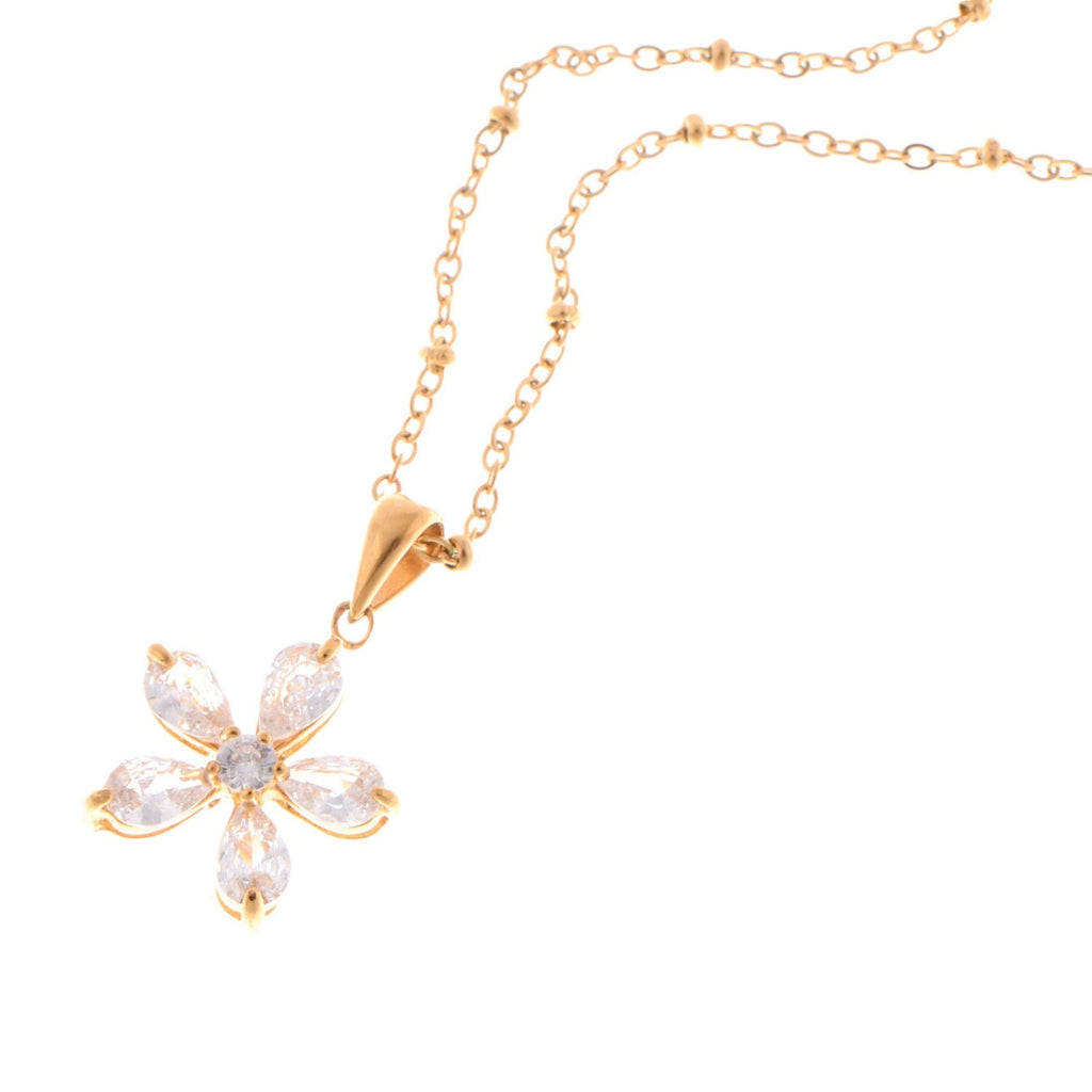 Gold-Tone Flower Pendant Fashion Necklace with Crystal Petal Accents