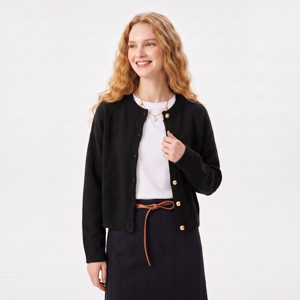 Gold Button Crewneck Cardigan Sweater