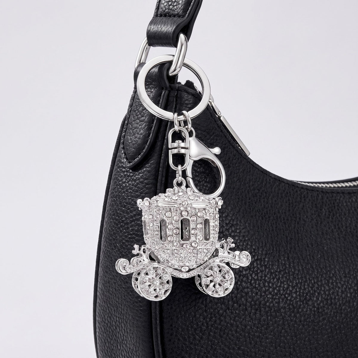 Carriage Rhinestone Keychain Bag Charm with Lobster Clasp and Key Ring