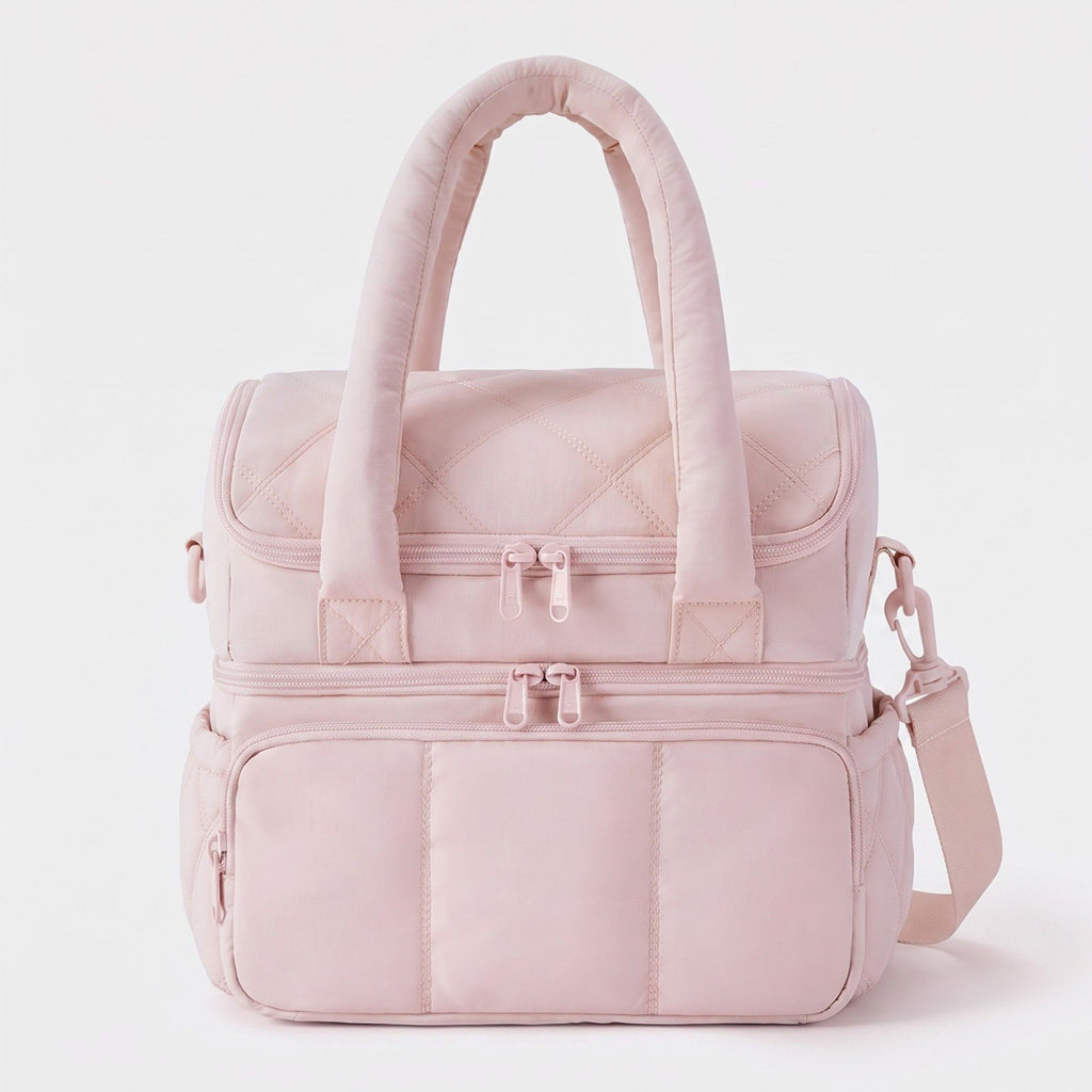 Quilted Multi-Compartment Lunch Tote Bag with Padded Top Handles and Detachable Shoulder Strap 10x10x7.1in