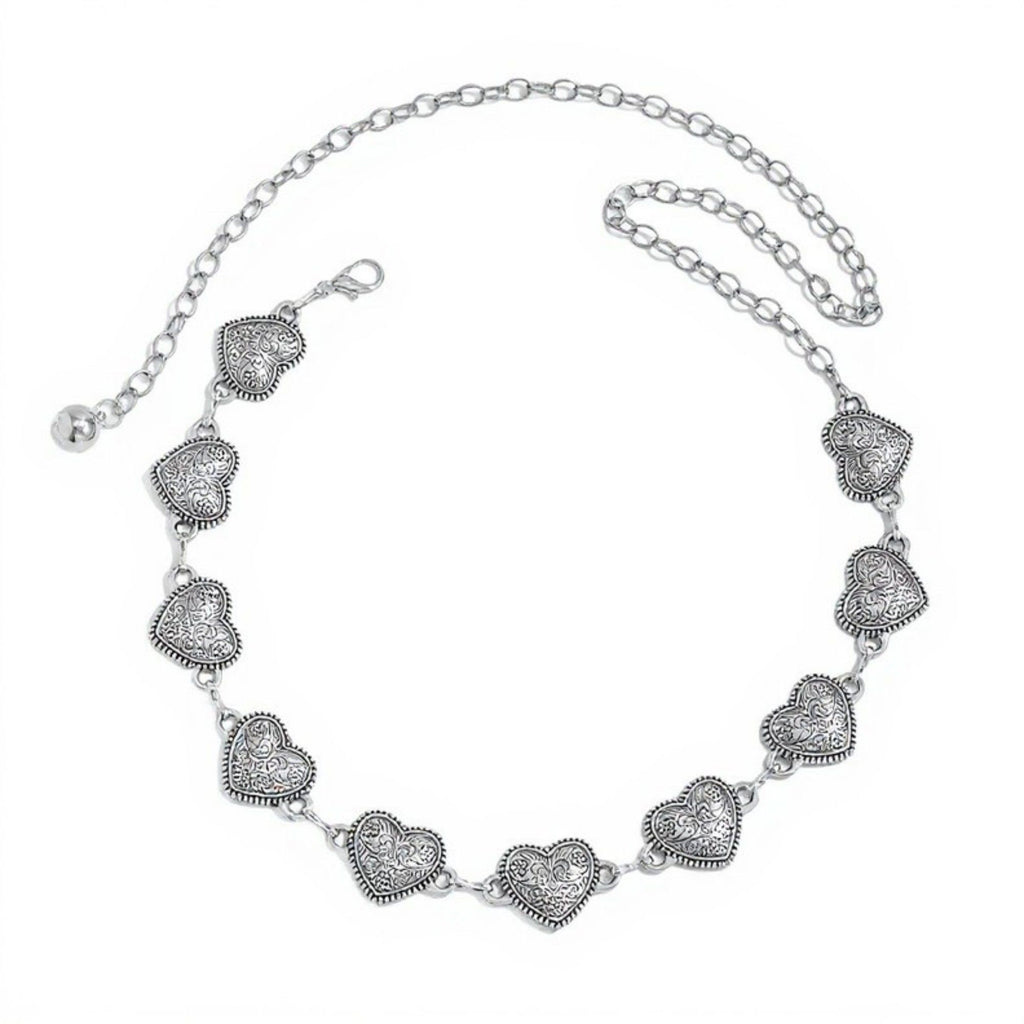 Anna-Kaci Women's Heart Link Chain Belt with Textured Metal Design and Adjustable Fit 45.5in Valentine