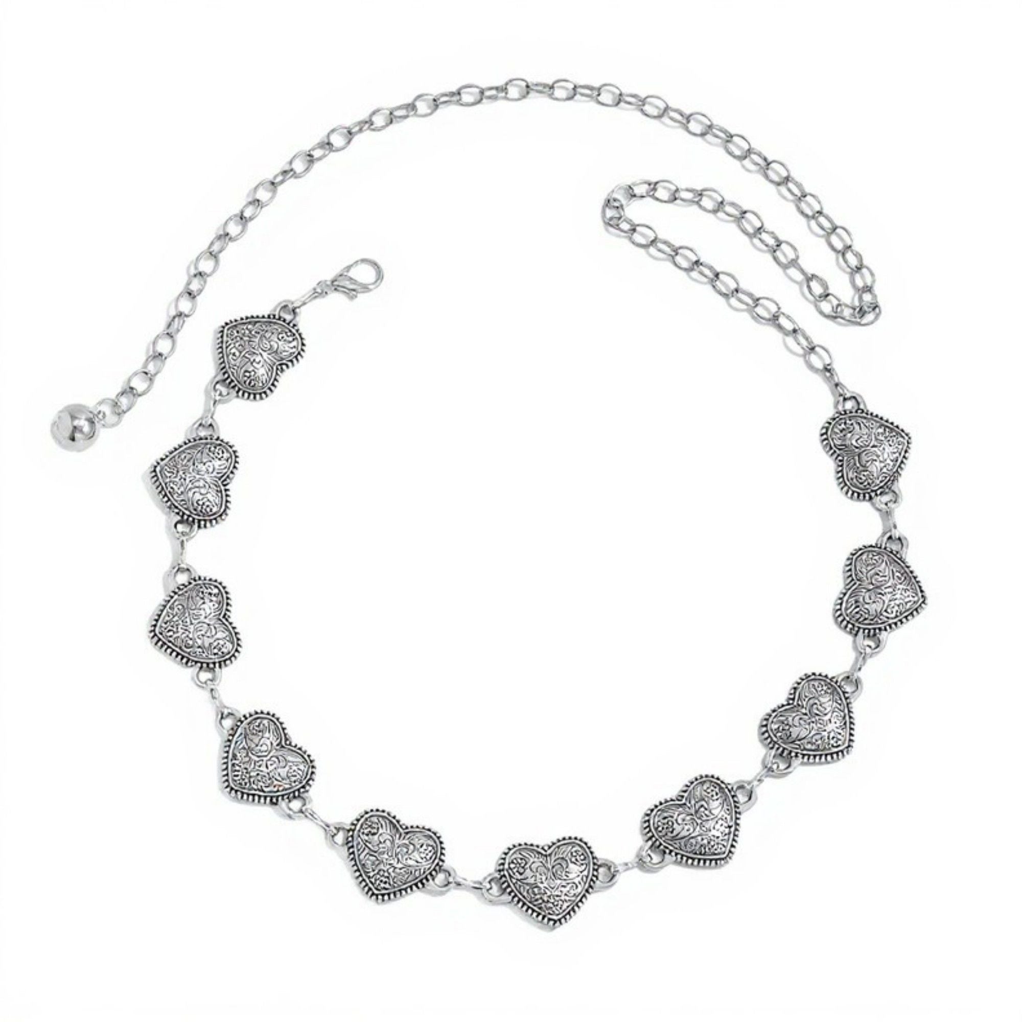 Anna-Kaci Women's Heart Link Chain Belt with Textured Metal Design and Adjustable Fit 45.5in Valentine