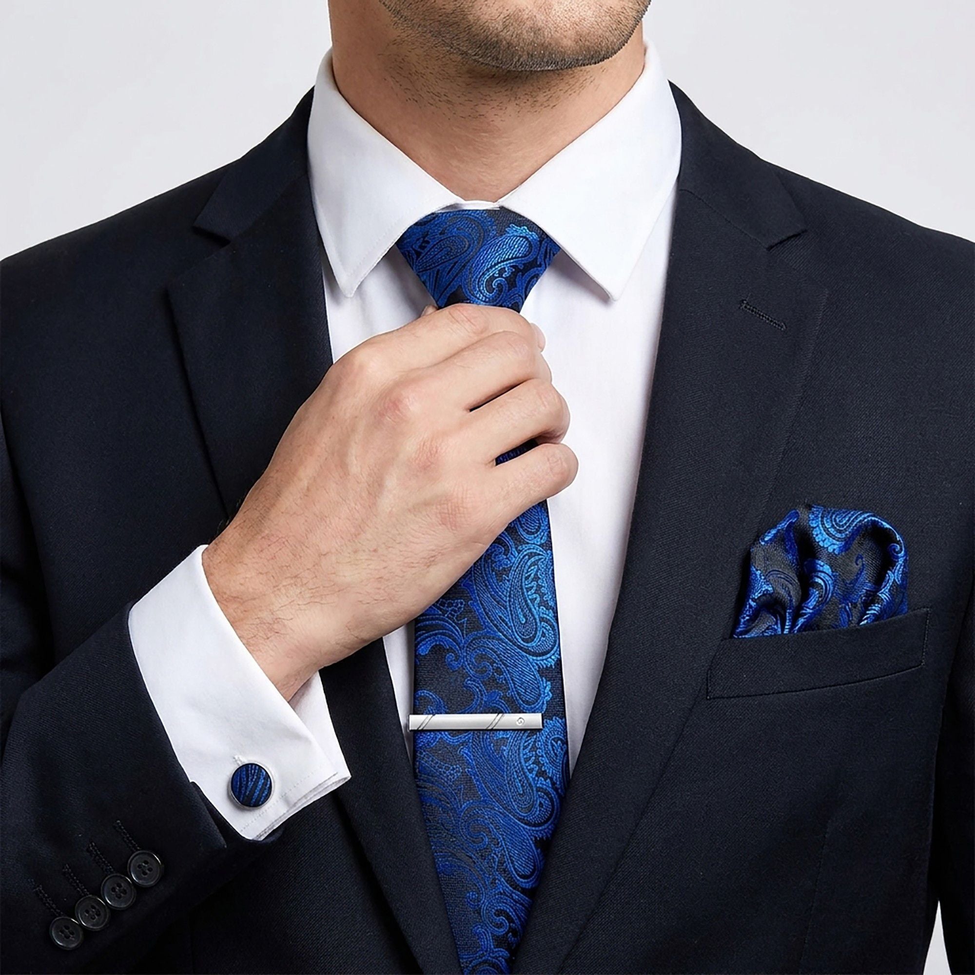 Men's Floral Print Tie Gift Set with Matching Pocket Square Cufflinks and Silver Tie Clip