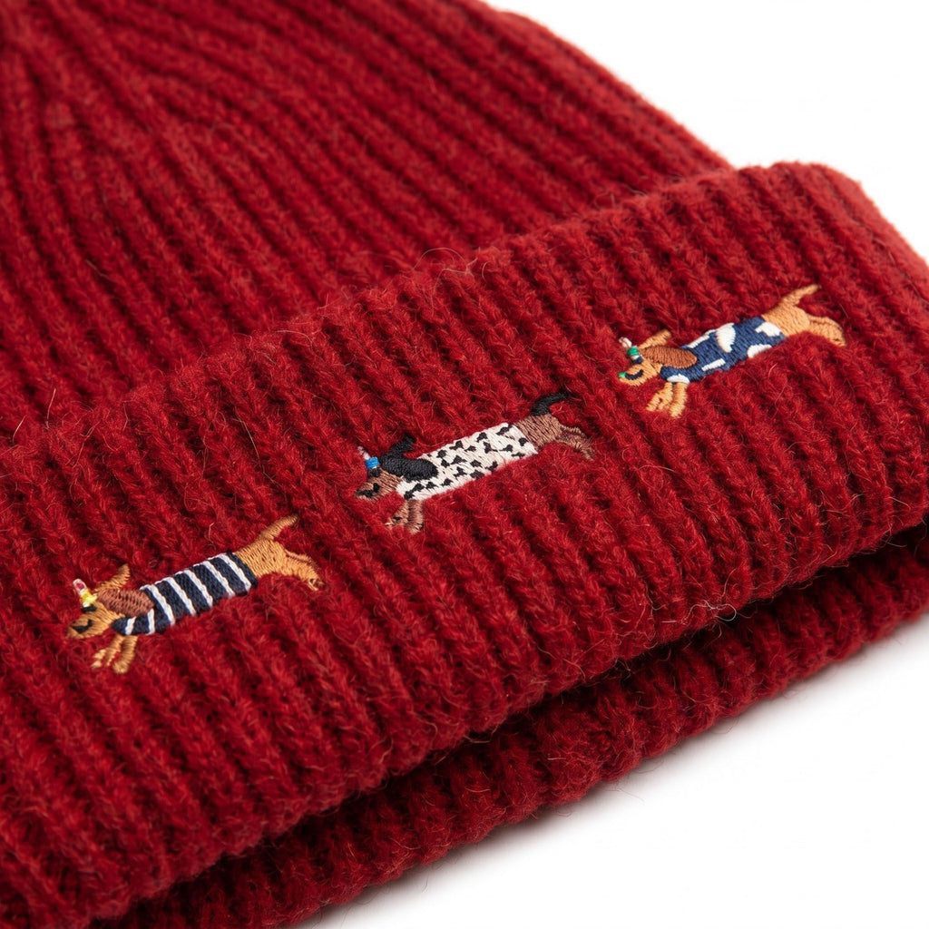 Embroidered Dachshund Knit Beanie Ribbed Cuff Winter Hat