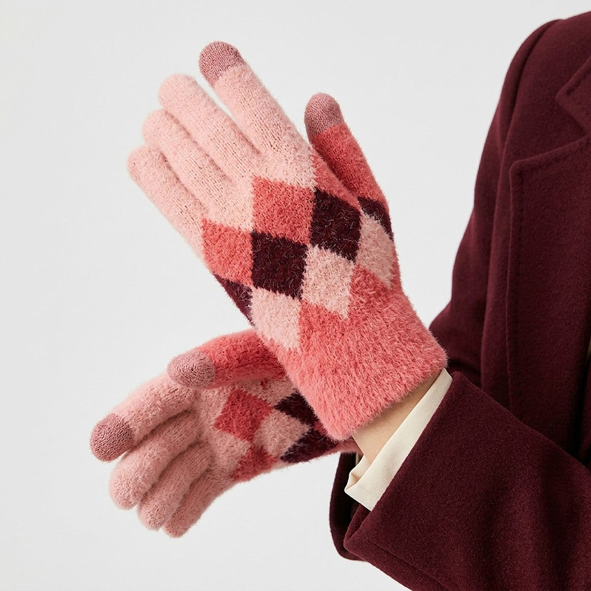 Fuzzy Argyle Touchscreen Gloves for Cold Weather