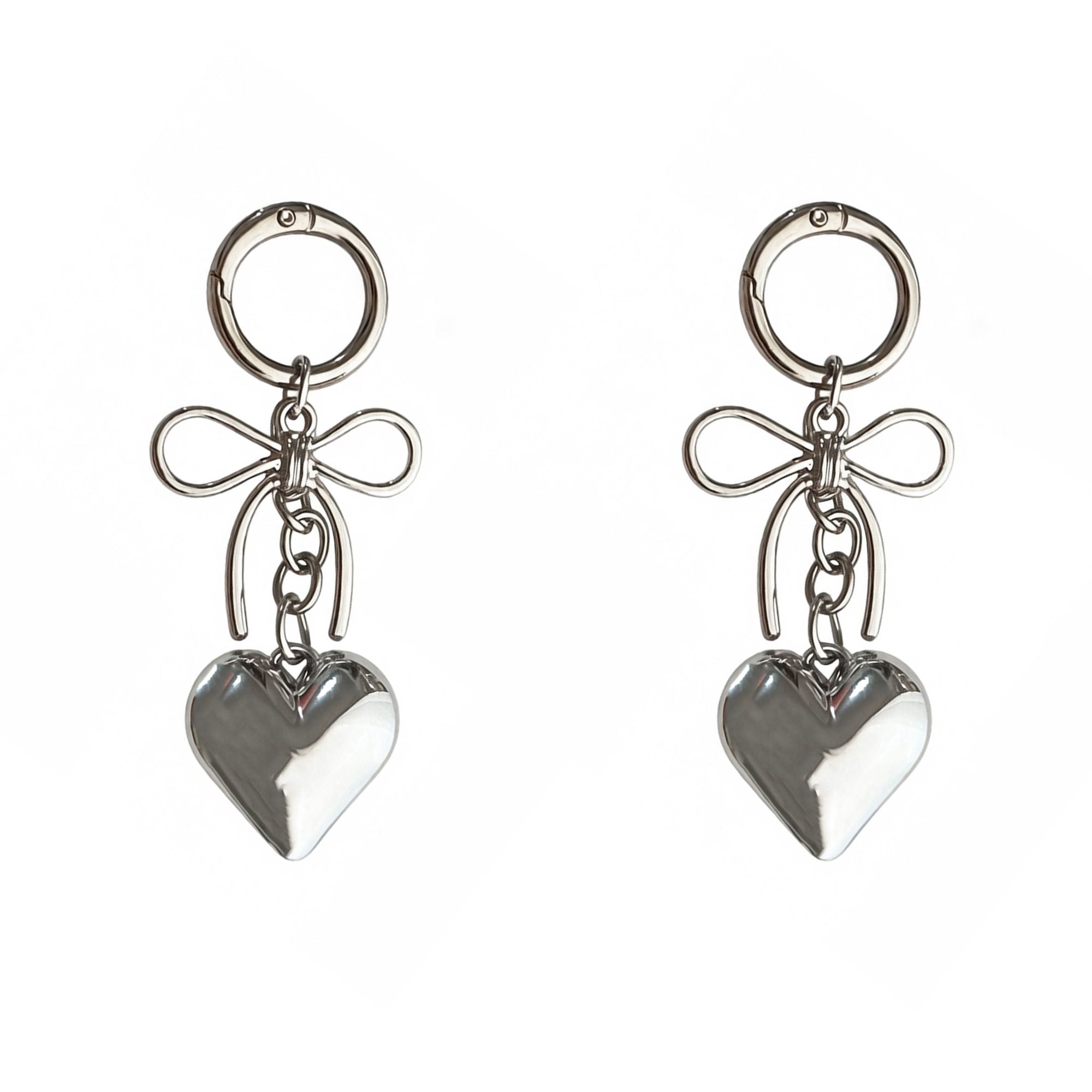 2 Pack Metal Heart Keychain with Bow Accent Clip and Polished Bag Charm Pendant