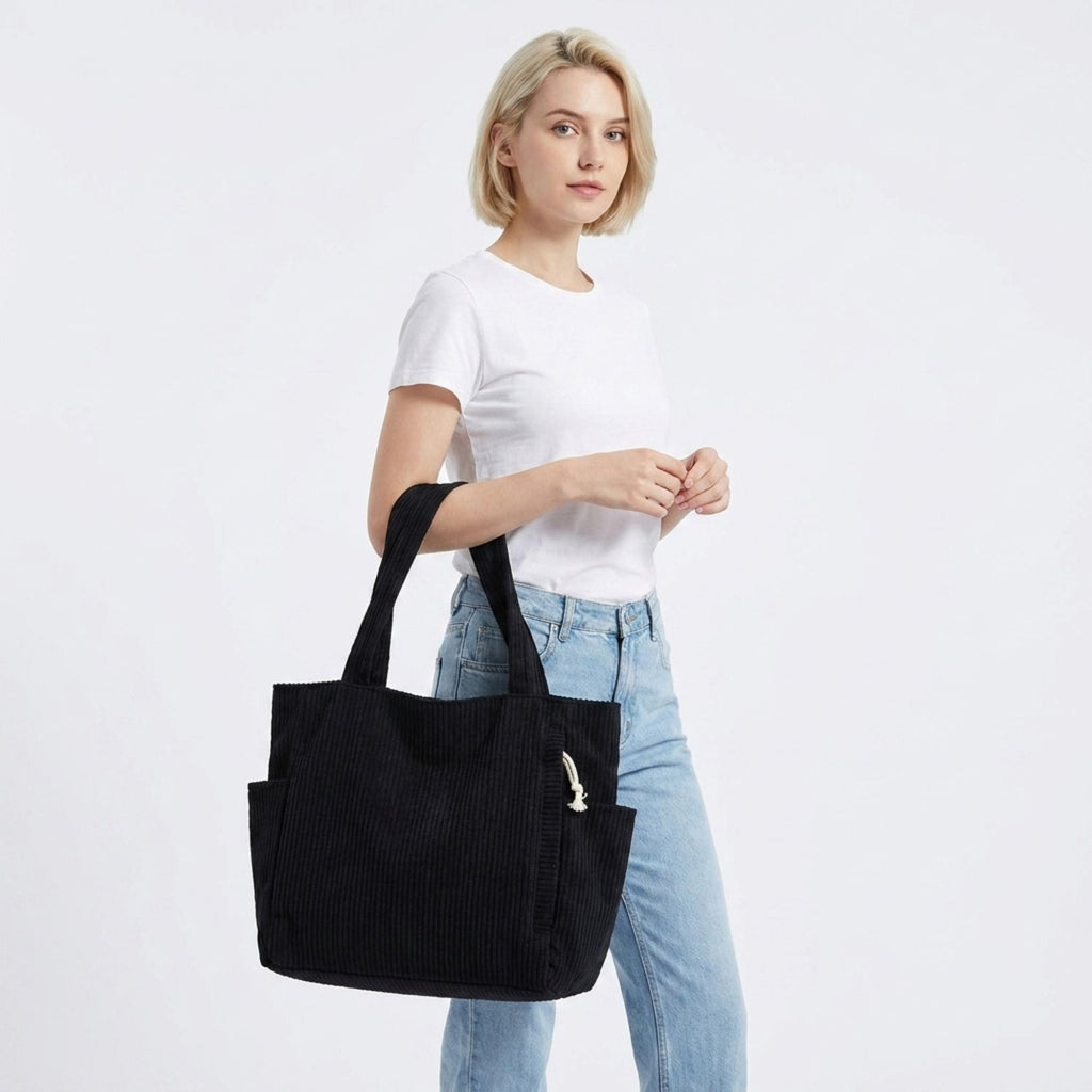 Corduroy Tote Bag Large Capacity Shoulder Bag with Side Pockets and Zipper Closure