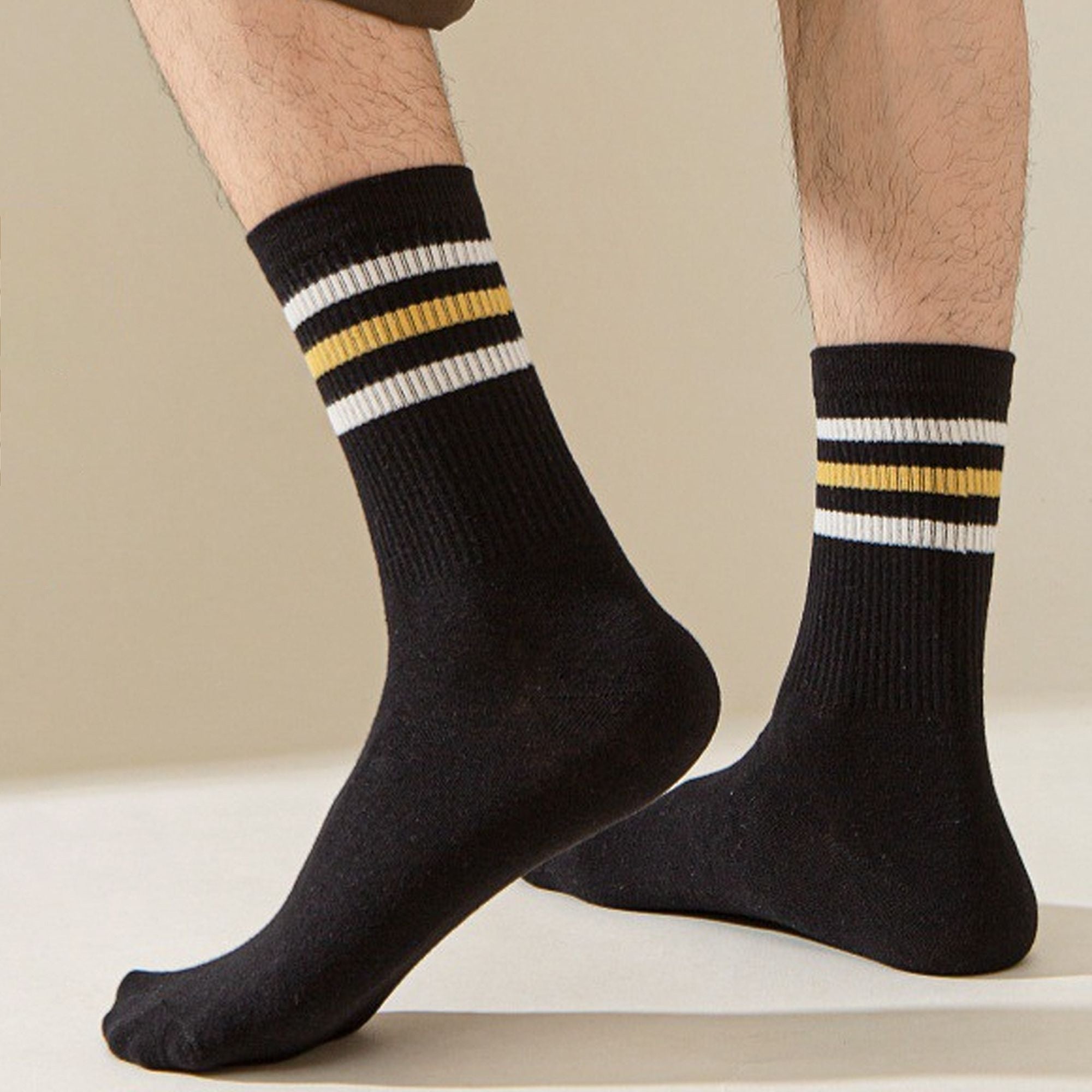 Anna-Kaci 6pk Men's Crew Socks with Striped Cuffs