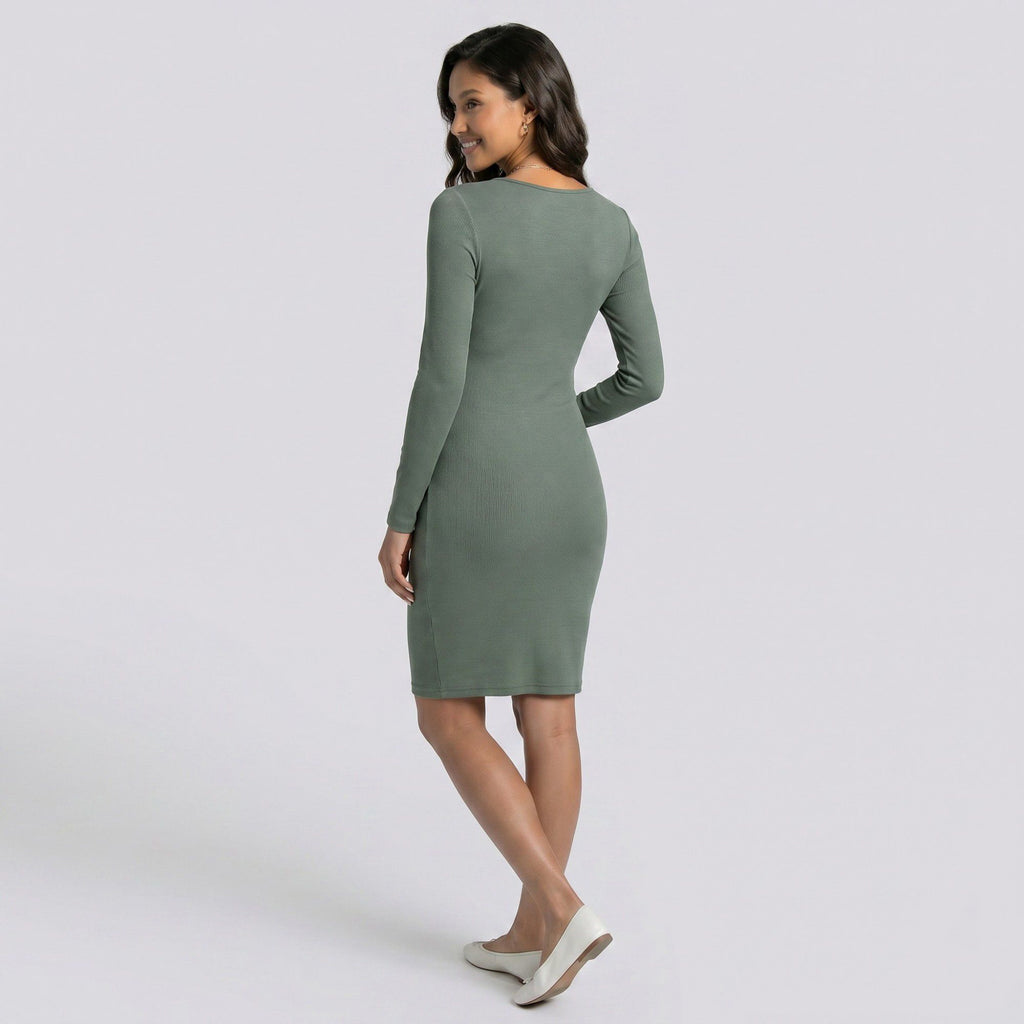 Anna-Kaci Women's Maternity Ribbed Long Sleeve Bodycon Dress with Front Twist Detail
