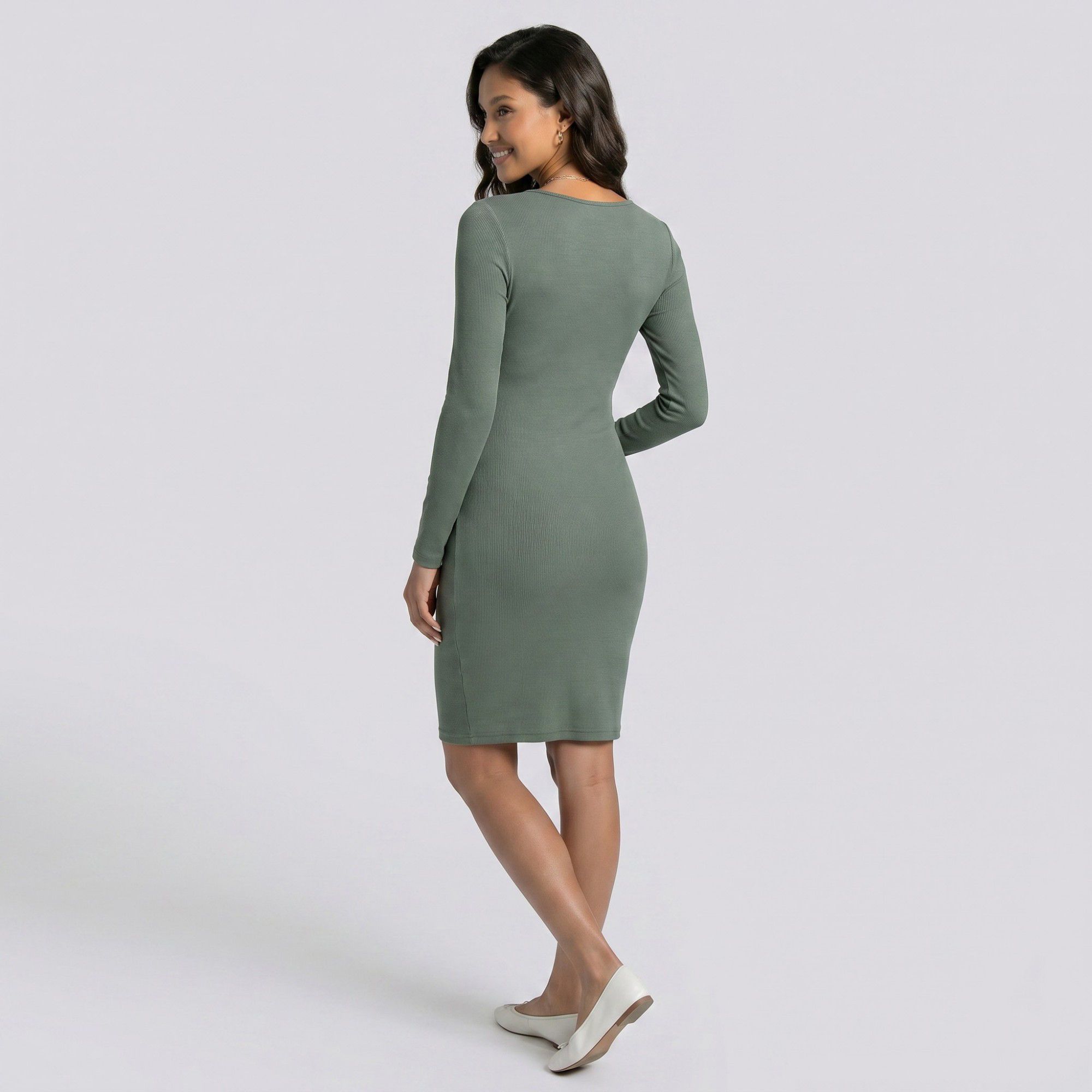 Anna-Kaci Women's Maternity Ribbed Long Sleeve Bodycon Dress with Front Twist Detail