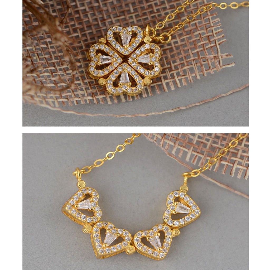 Crystal Heart Four-Leaf Clover Necklace with Matching Heart Chain Design