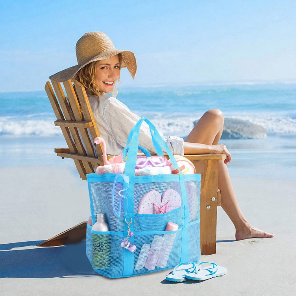 Mesh Beach Tote Bag Large Capacity Travel Shoulder Bag with Exterior Pockets Zipper Top Organizer