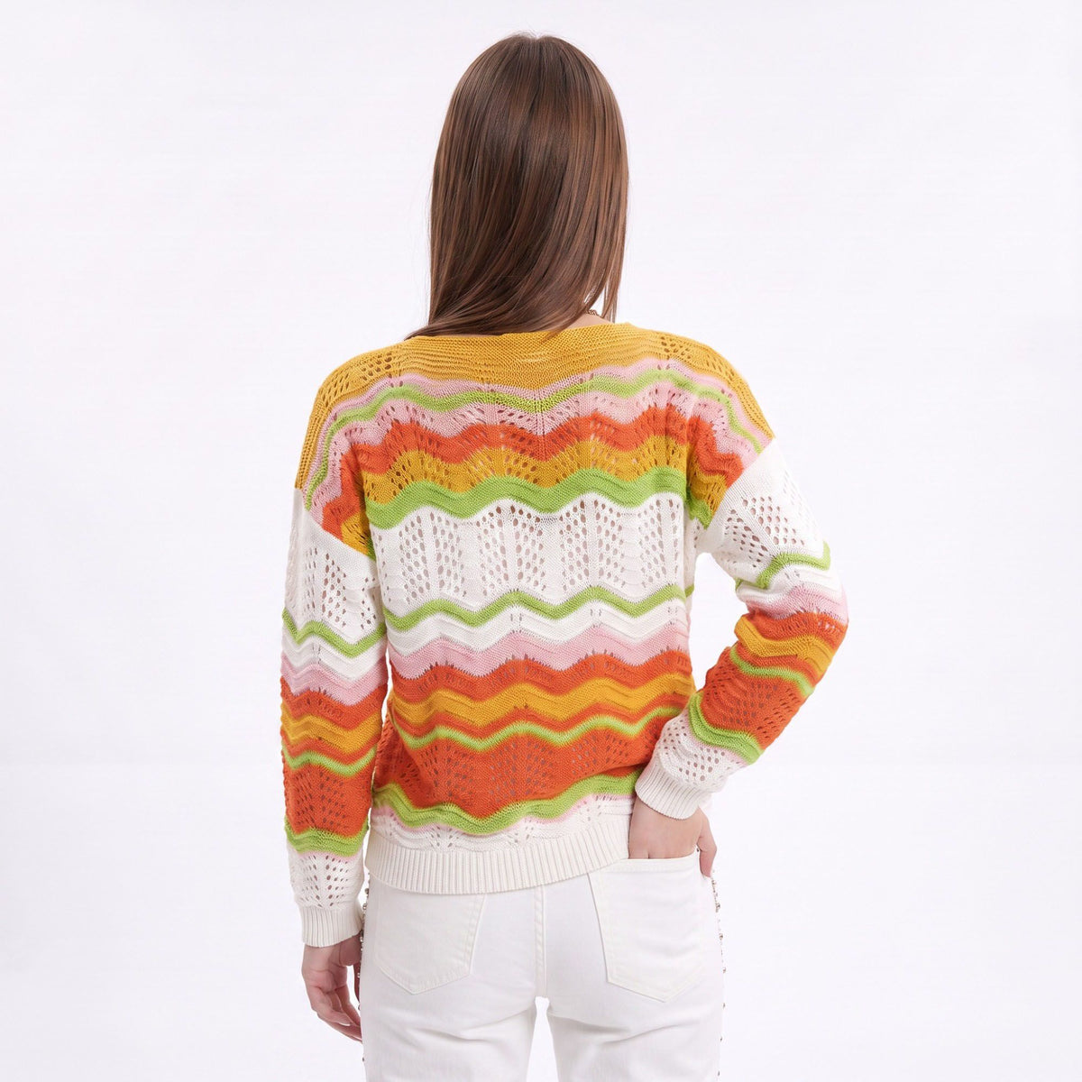 Multicolor Wave Stripe Openwork Knit Long Sleeve Pullover Sweater