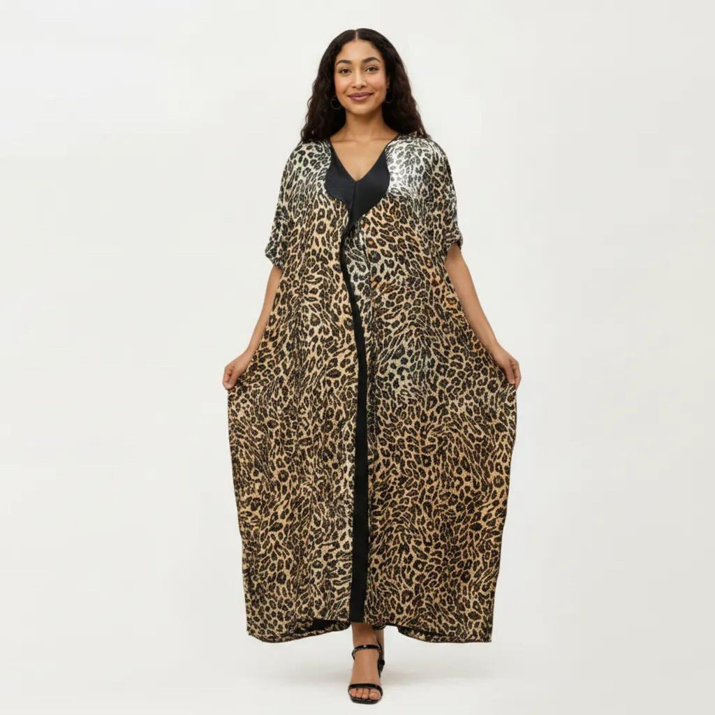 Anna-Kaci Women's Abstract Print Maxi Kaftan Dress with Contrast Trim and Relaxed Flowy Silhouette