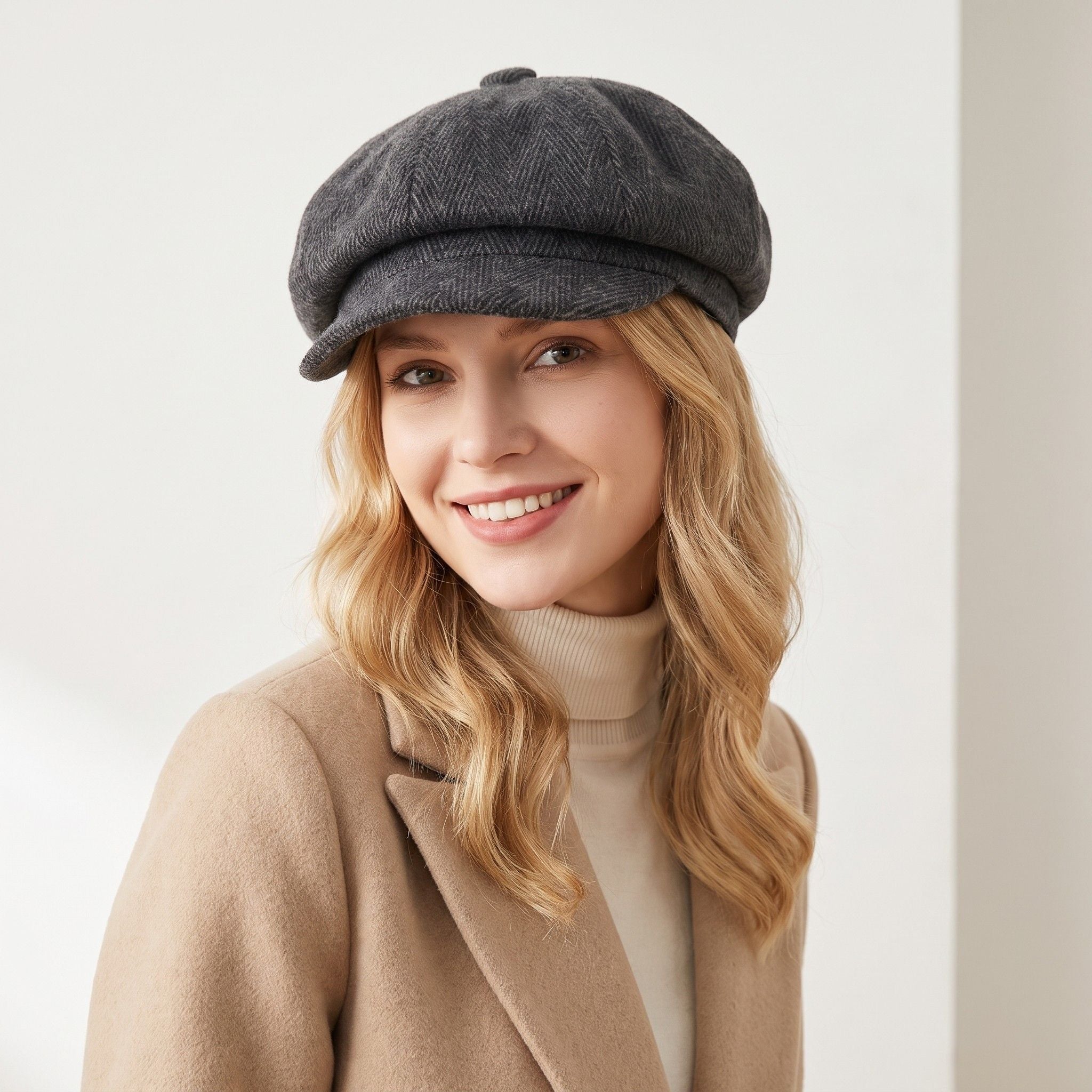 Herringbone Tweed Newsboy Cap Vintage Baker Boy Hat Adjustable