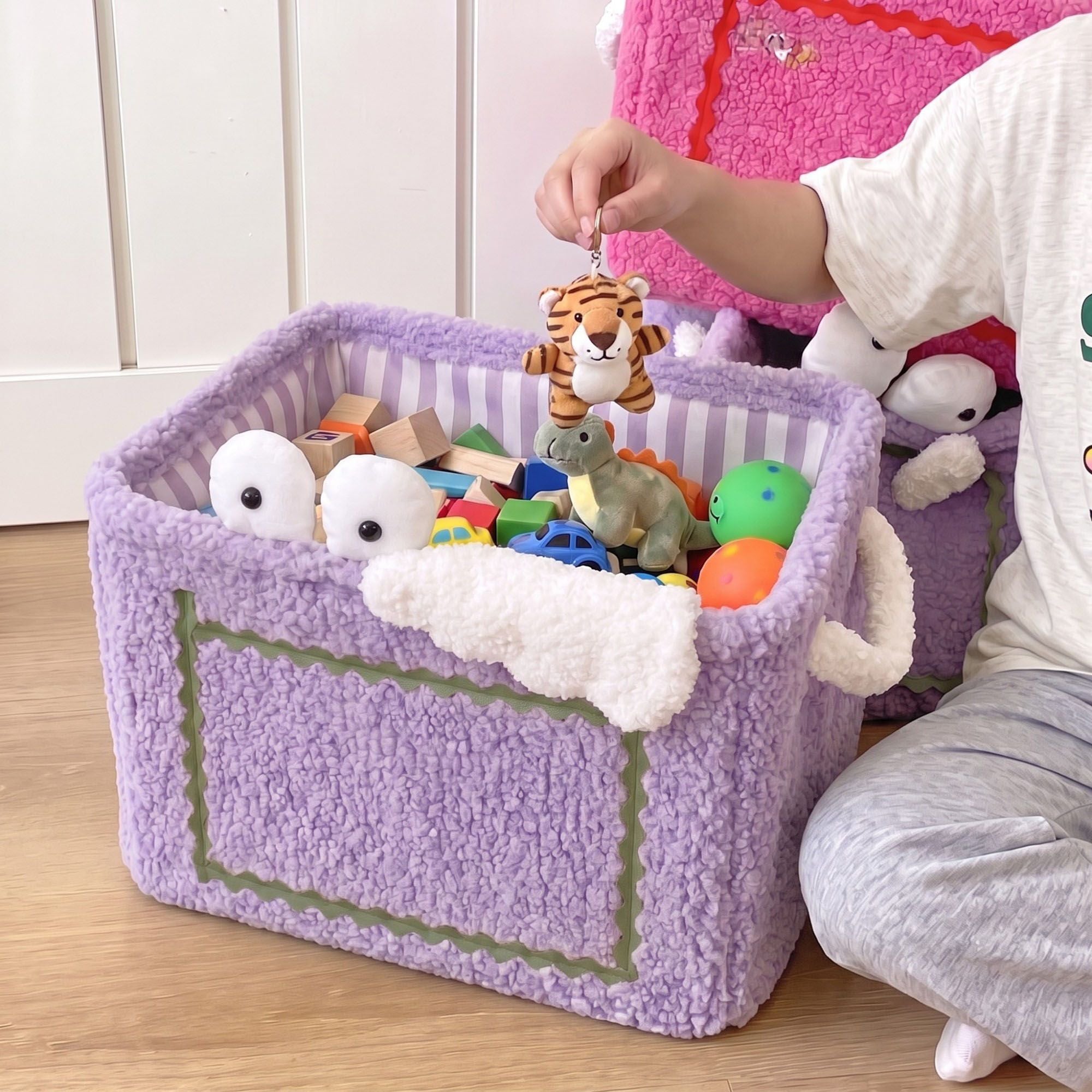 Kids Plush Storage Basket with Handles and Front Pocket