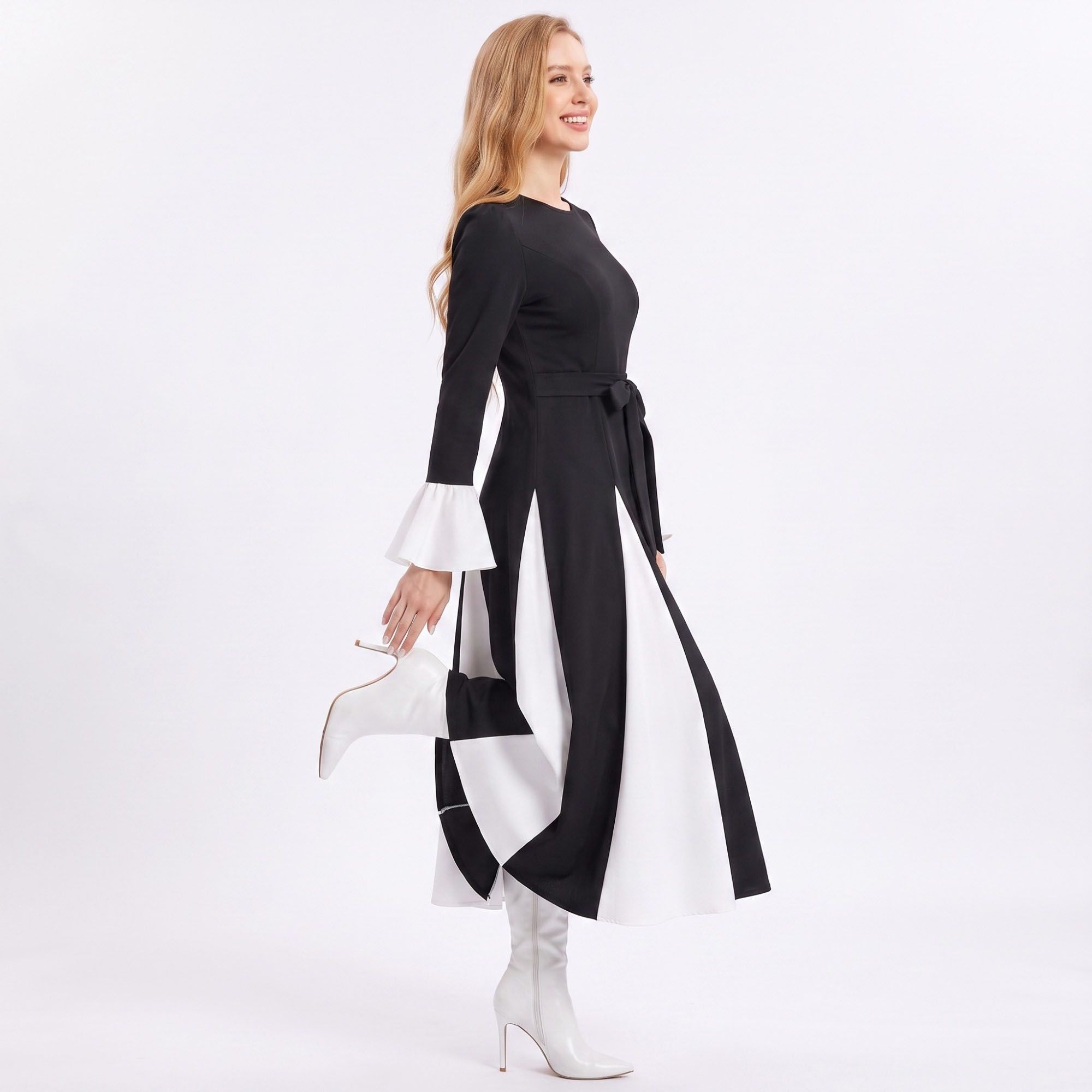 Color Block Belted Long Sleeve Fit and Flare Midi Dress