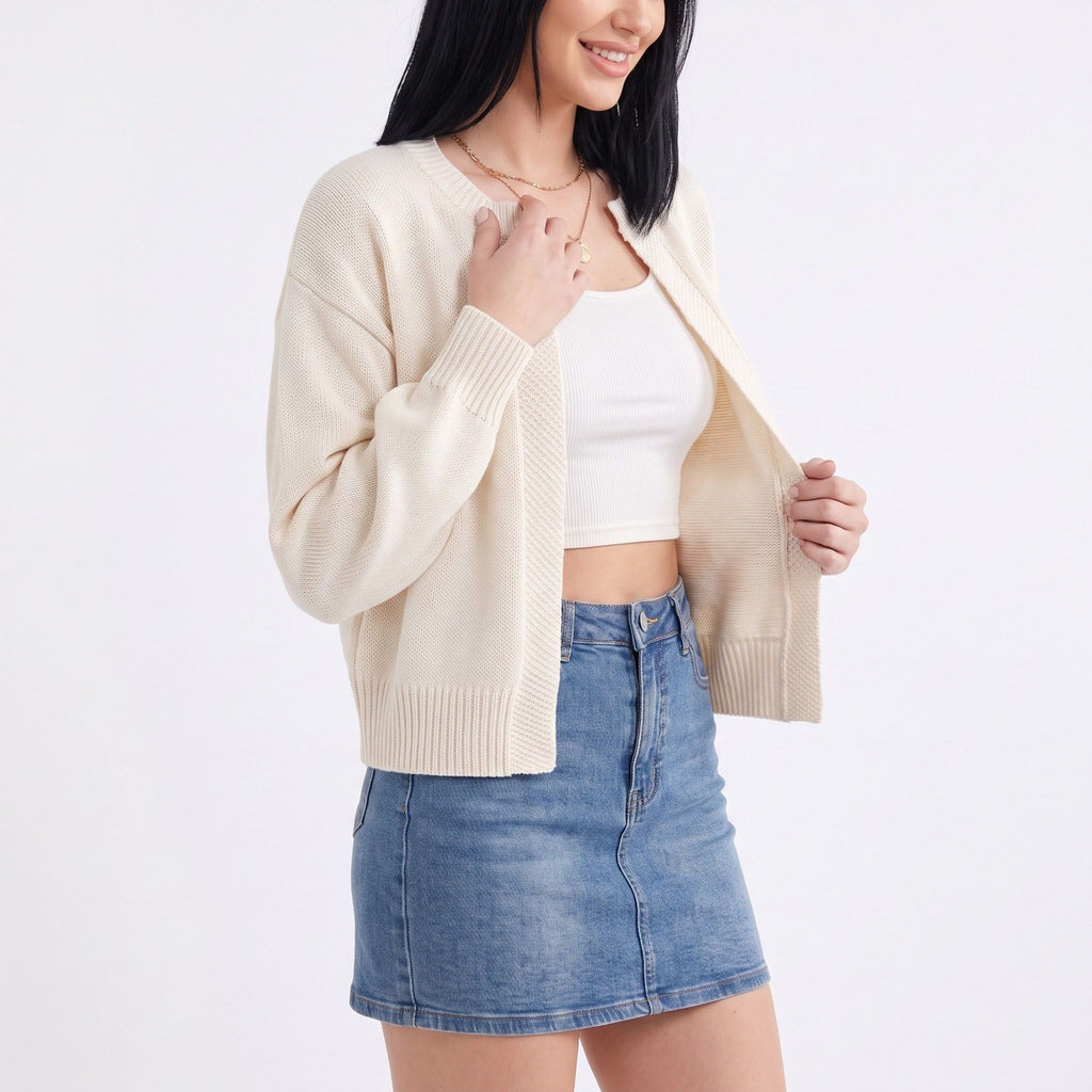 Open-Front Drop Shoulder Long Sleeve Knit Cardigan