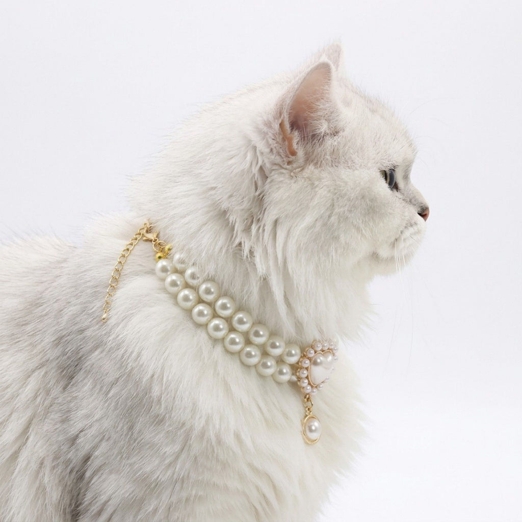 Double Strand Faux Pearl Pet Necklace Heart Gem Pendant Adjustable Collar Jewelry for Cats and Small Dogs