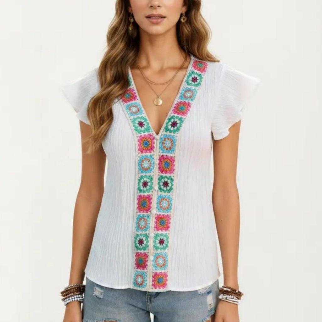 Anna-Kaci Women's Boho Embroidered V-Neck Flutter Sleeve Textured Blouse