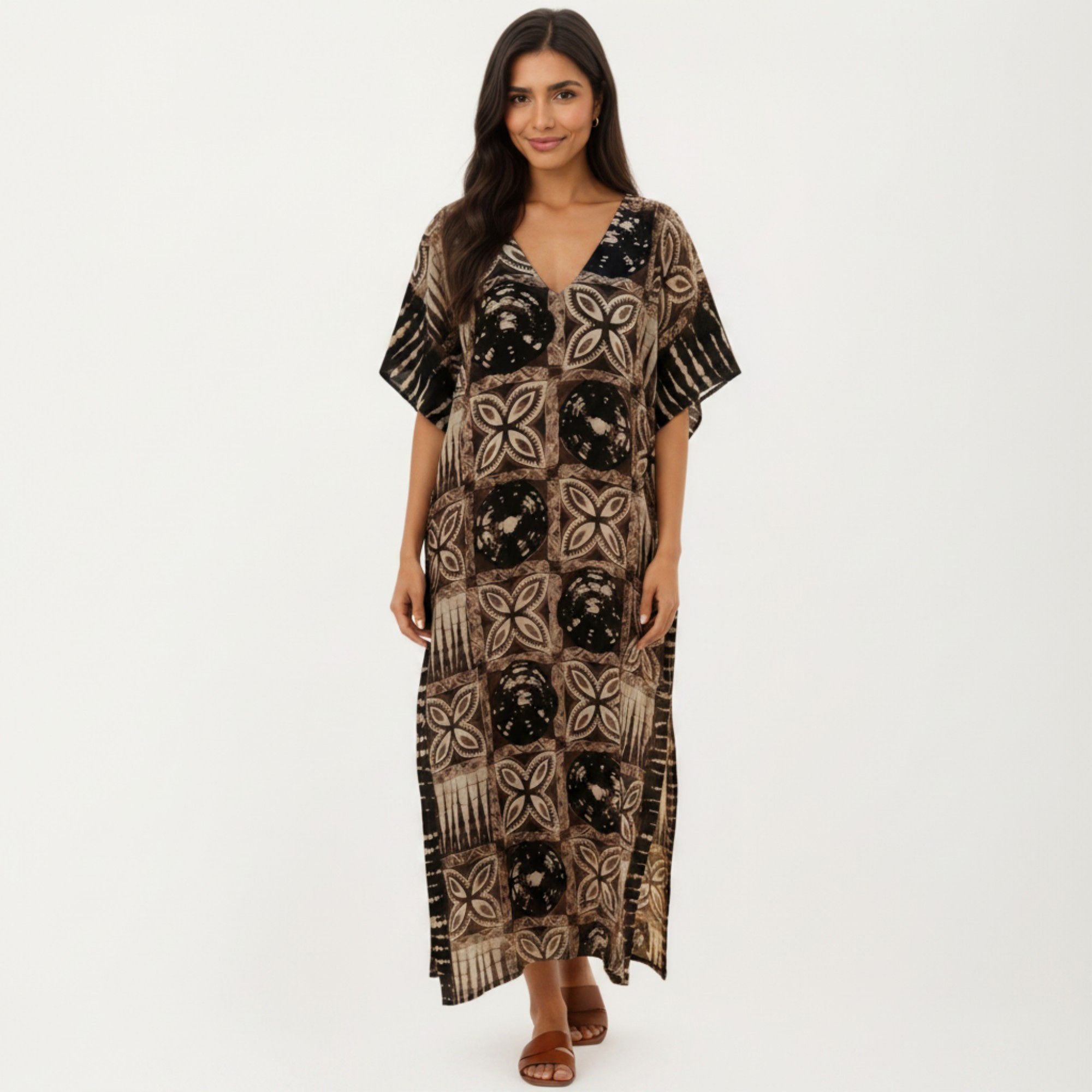 Anna-Kaci Women's Geometric Print Maxi Caftan Dress with V-Neckline Relaxed Fit and Draped Silhouette