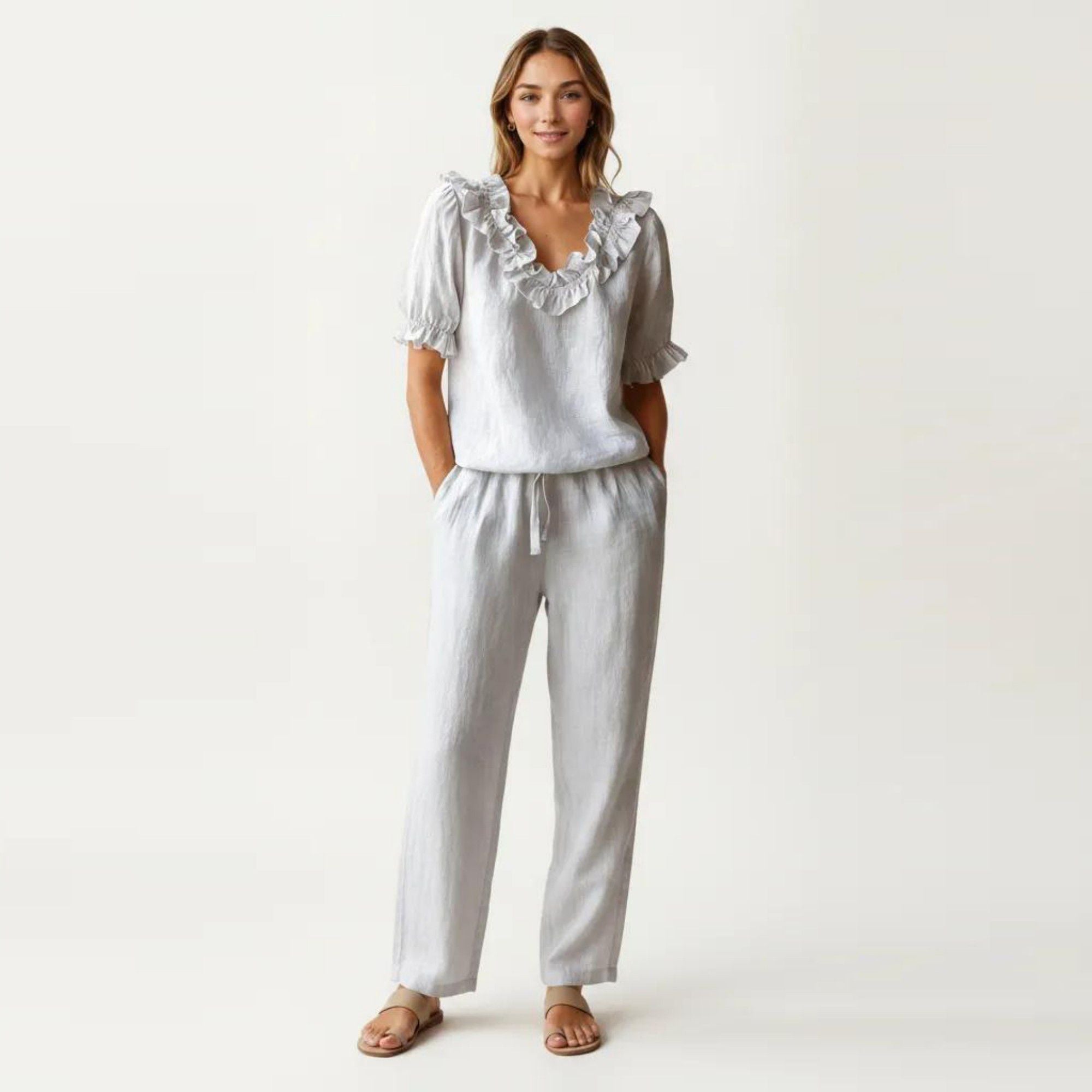 Anna-Kaci Women's Ruffle Neck Blouse with Short Puff Sleeves and Textured Linen-Like Fabric