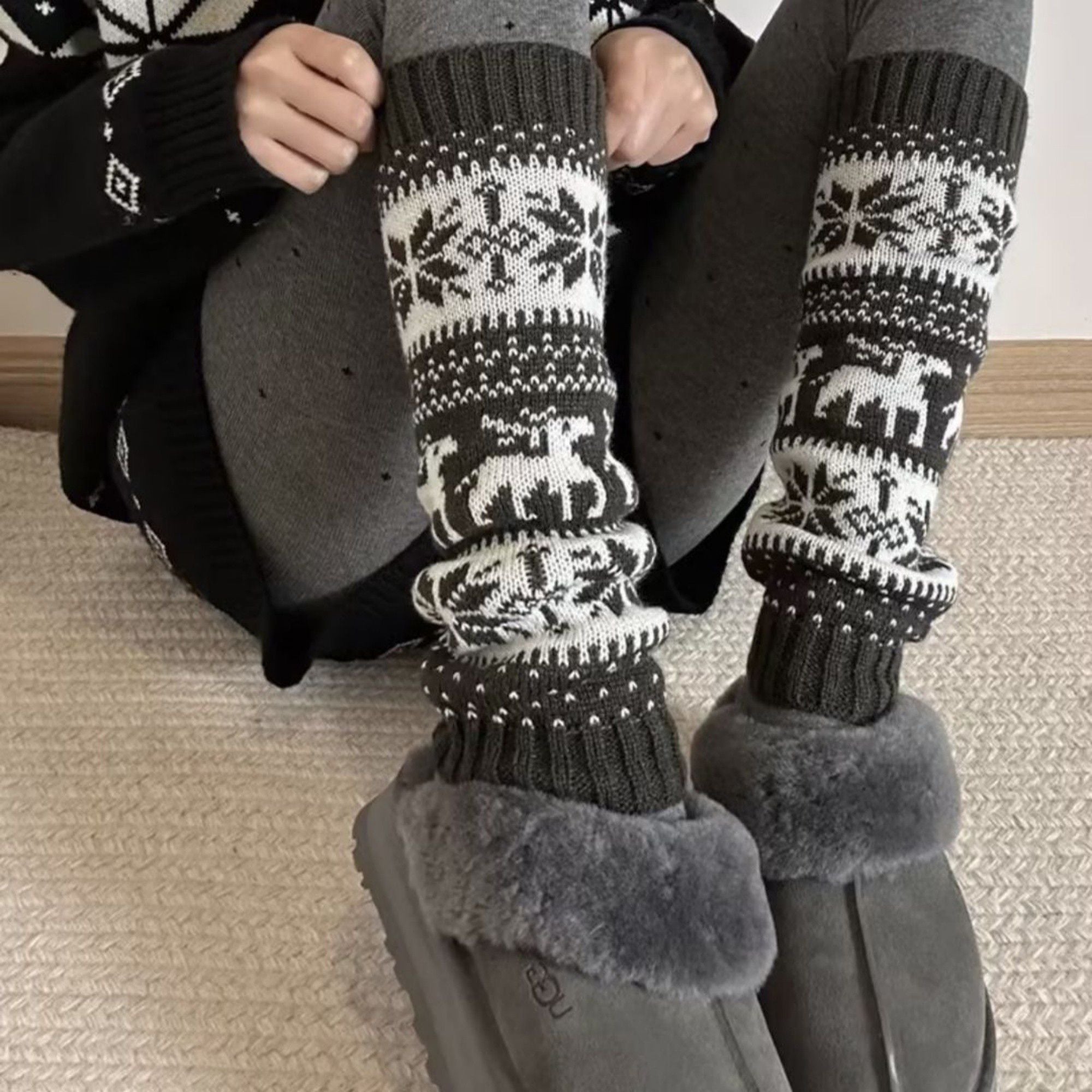 Anna-Kaci Fair Isle Knit Leg Warmers with Soft Stretch Ribbed Cuffs and Festive Patterned Design for Cozy Winter Layering