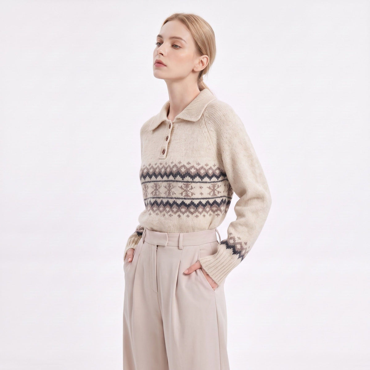 Fair Isle Collared Henley Pullover Sweater