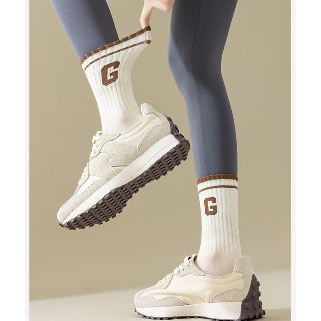 Anna-Kaci Women's 4-Pair Pack Ribbed Cotton Crew Socks with Striped Cuffs and G Letter Detail in Neutral Athletic Color Combinations